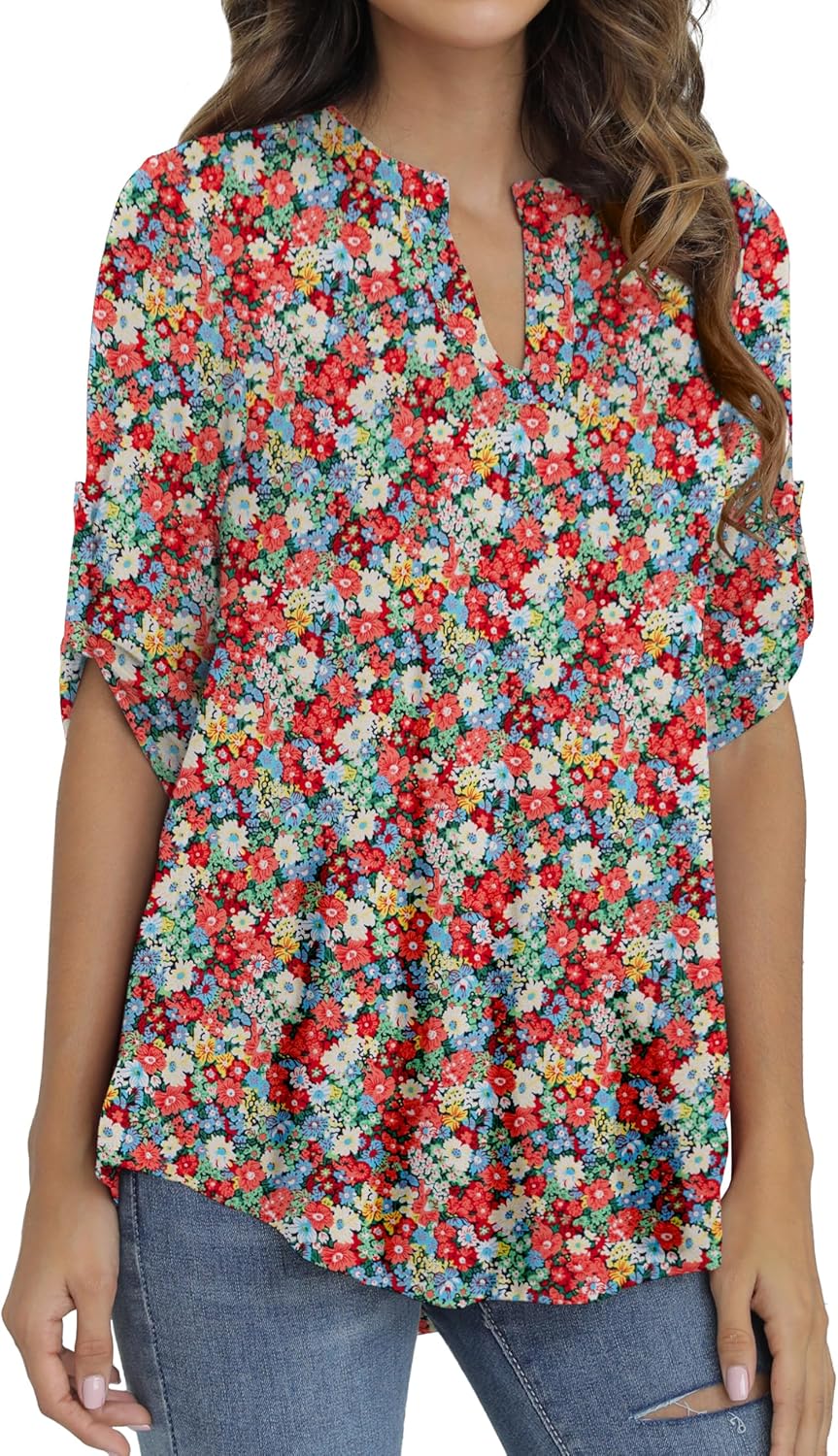 Othyroce Women's Plus Size Short Sleeve Summer Plaid Shirts Zip Floral Casual Tunic Blouse Tops M/L/1X/2X/3X/4X - Image 2