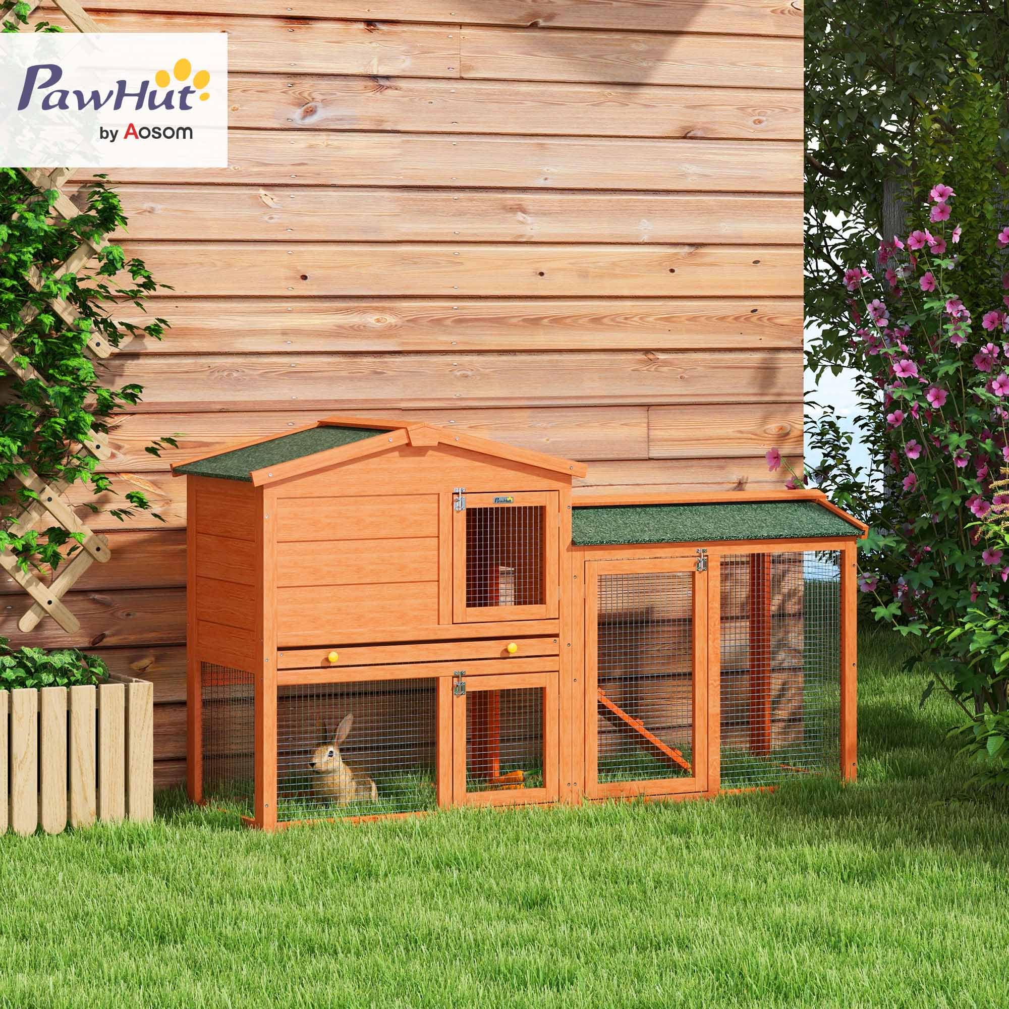 PawHut Conigliera a 2 Piani da Esterno, Gabbia per Animali Domestici in Legno di Abete e Filo di Metallo, 150x45x85 cm, Arancione