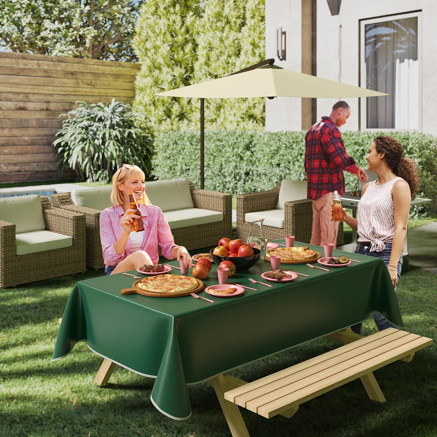 Exquisite Green Vinyl Tablecloths - 54 in. X 108 in. - Pack of 3 Rectangle Tablecloths with Flannel Backing - Plastic, Reusable & Waterproof