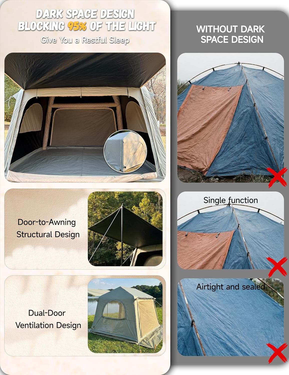 Blackout Inflatable Camping Tent with Awning, Waterproof Oxford Fabric Air Tent, Quick Setup Blow Up Tent with Hand Pump, 4 Person 4-Season Tent with 3x3M Ground Tarp for Camping Glamping