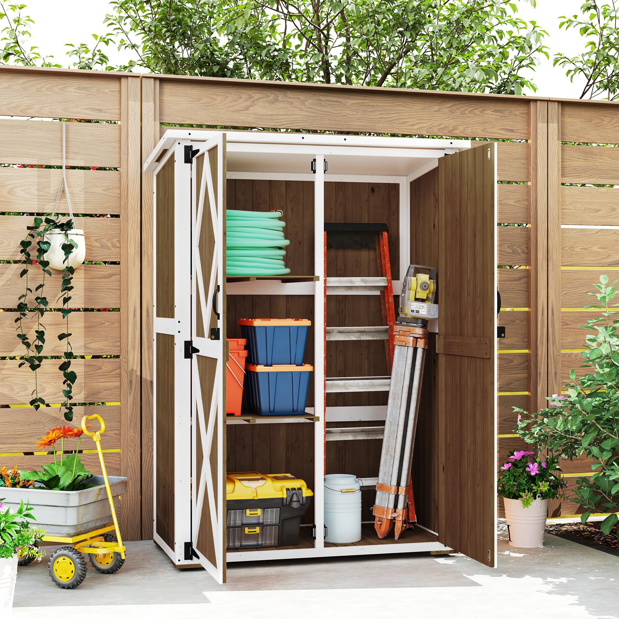 Outsunny Casetta da Giardino 0.55 m² con 2 Ripiani, 2 Porte con Serratura e Piedi Regolabili, Casetta Attrezzi Giardino in Legno di Abete e Tetto in Bitume, 116.5x57x159/167 cm, Marrone e Bianco