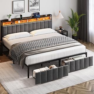 King Bed Frame with Storage, Upholstered Bed Frame with LED Lights Headboard and 2 Drawers, King Size Bed with Charging Station, Noise-Free, No Box Spring Needed, Easy Assembly, Grey