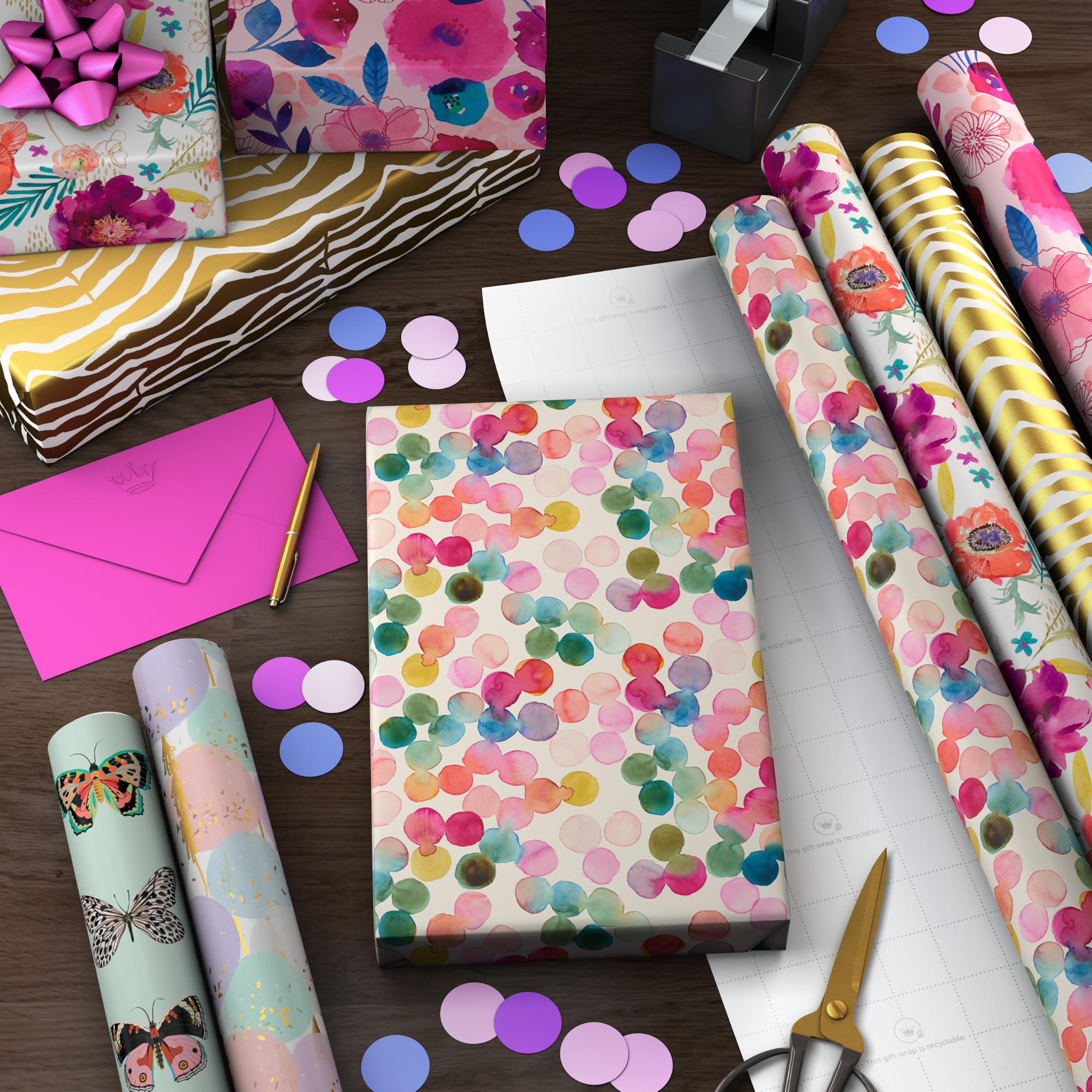 Hallmark Geschenkpapier mit Schnittlinien auf der Rückseite (6 Rollen: 180 m² insgesamt) Schmetterlinge, goldener Tierdruck, rosa Blumen für Geburtstage, Muttertag und mehr