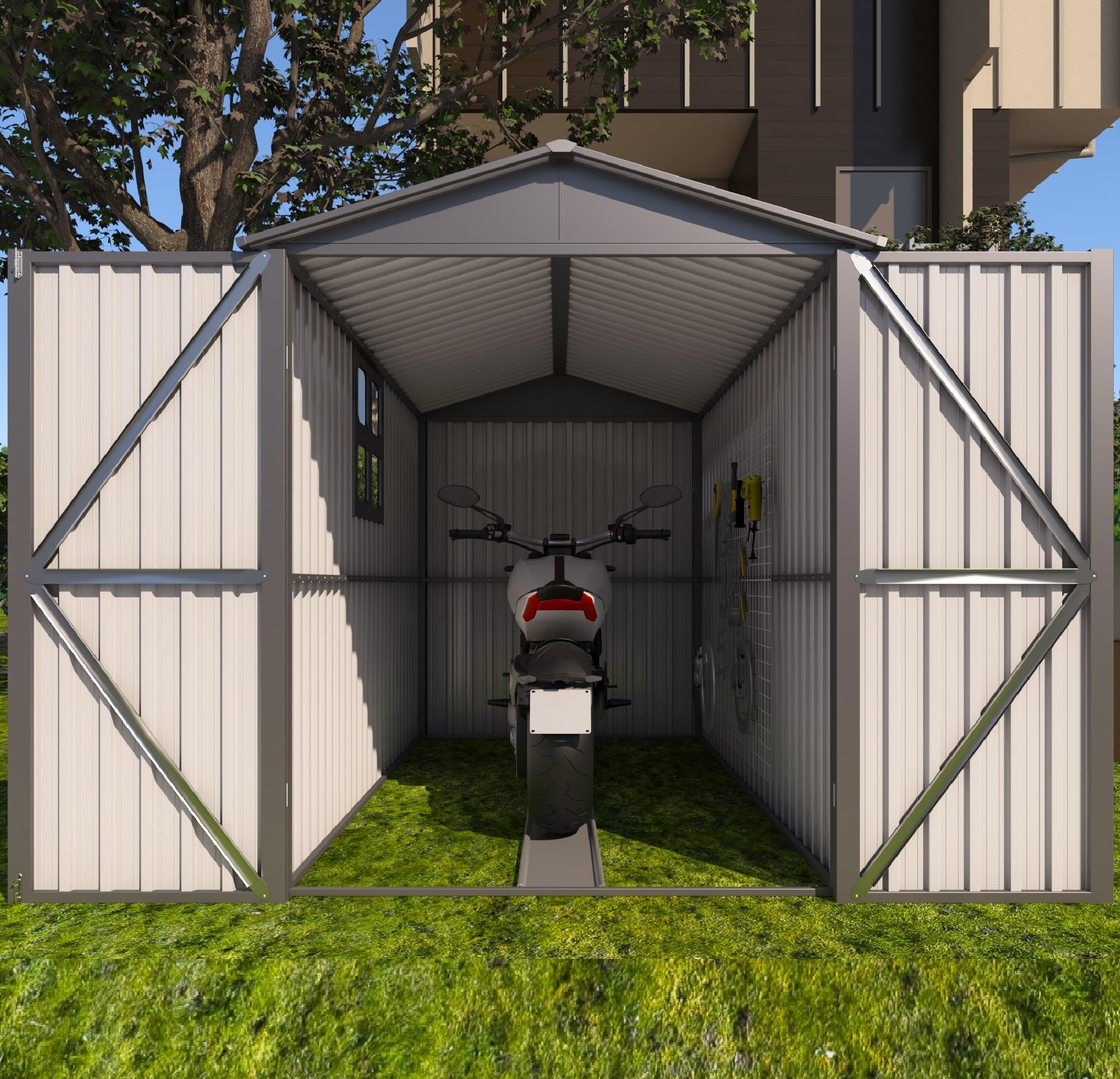 KEIKI 5.5x10 FT Outdoor Metal Motorcycle Storage Shed with Window,Tracks and Fixtures,Peaked Roof for Yard Lawn