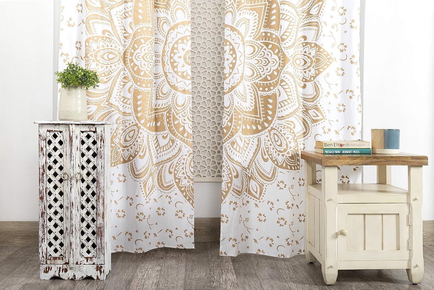 Popular Handicrafts Printed Curtains Panels Set of 2 Indian Hippie Bohemian Beautiful Ombre Color Mandala Curtain Panels White Gold