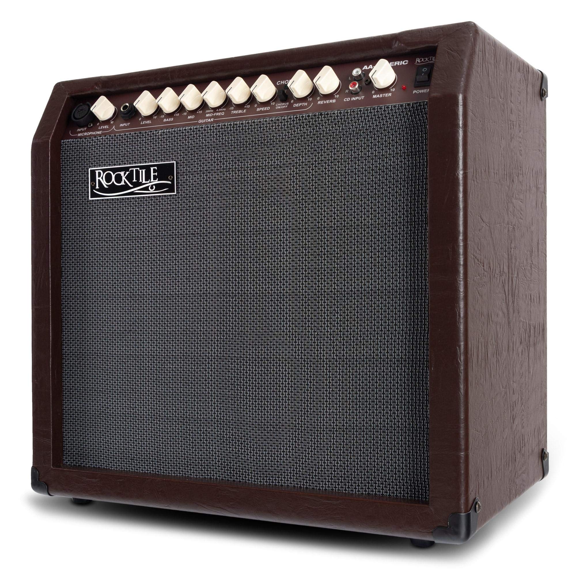 Rocktile AA-30 BN Eric Ampli Acoustique - 30 Watts - 2 Canaux (Micro et Guitare) - Haut-Parleur 10" + Tweeter 2,5" - Entrée AUX et Line Out - Effets Chorus et Reverb - Marron