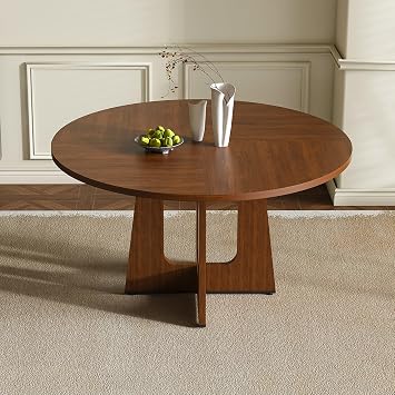47" Round Dining Table for 4, Modern Kitchen Table with Wood Grain Finish Table Top and Cross Base, Brown Circle Dining Room Table for Home, Apartment, or Breakfast Nook Walnut, Round Dining Table
