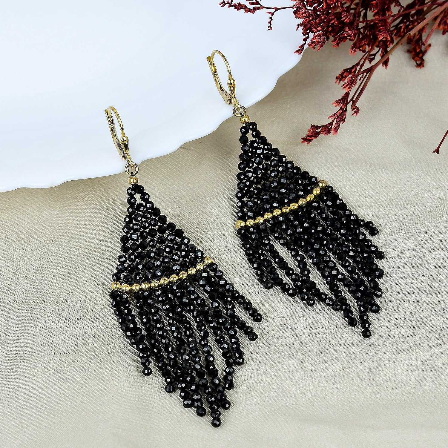 925 Sterling Silver Plated Black Spinel Beaded Earrings with Gold Plated Brass Balls | Natural Gemstone Statement Earrings for Women | Designer Jewelry Gift for Her | 58.53 Cts
