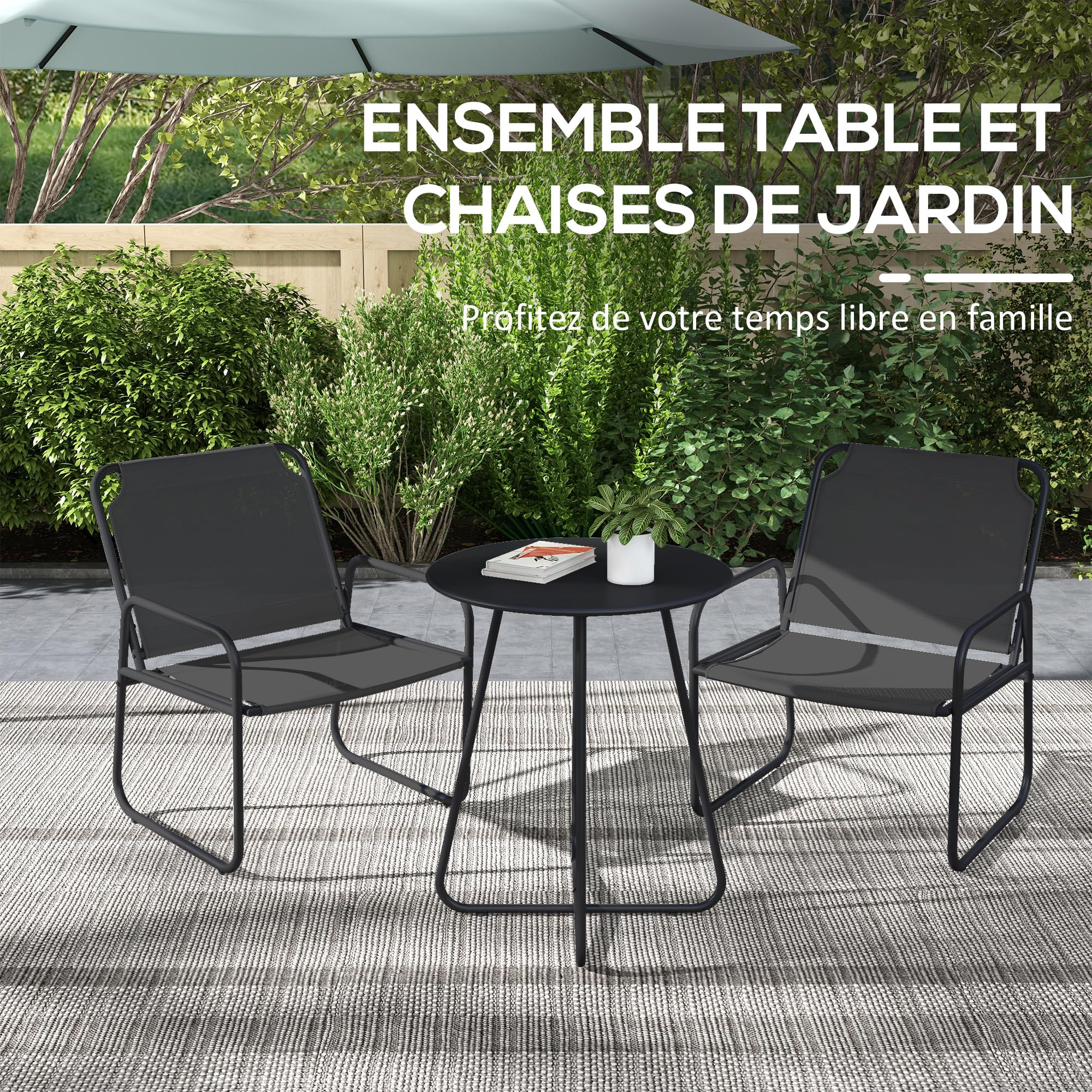 Outsunny Salon de Jardin 3 pièces, 2 fauteuils 1 table ronde, Acier, Tissu respirant, Gris