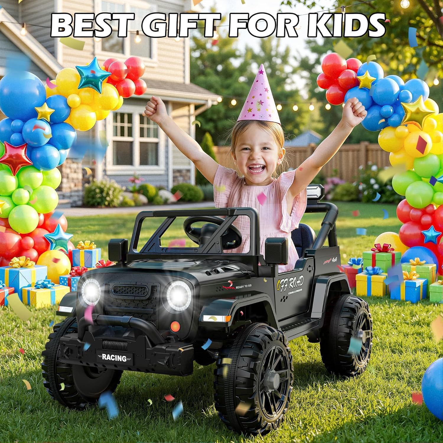 ARBELI 12V Ride On Truck Car with Remote Control, Kids Electric Vehicles with Bluetooth Music, Horn, 3 Speeds, 4 LED Lights, Soft Start, Ride on Toys for Toddler Boys & Girls (Black)