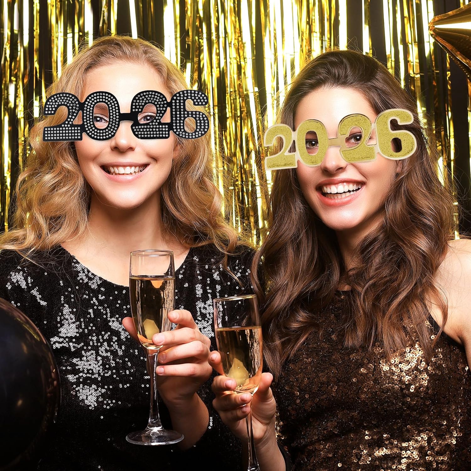 2026 New Year Glasses 5pcs Set Flat Lens Party Eyewear with Powder Decoration for New Year Eve Celebration Carnival Photobooth Props Assorted Colors
