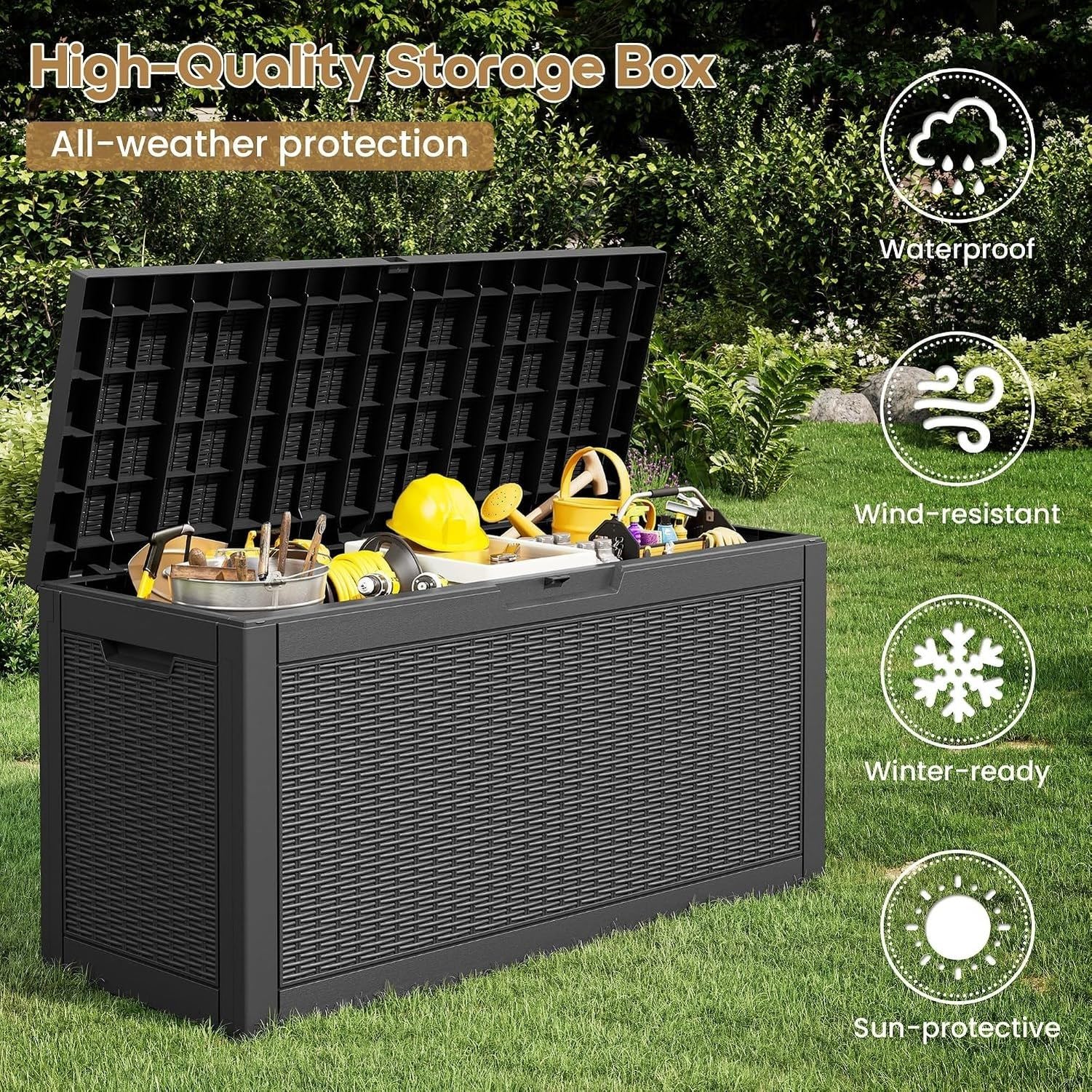 Baulera Exterior Impermeable 130L para Almacenaje Terraza, Ratán Negro
