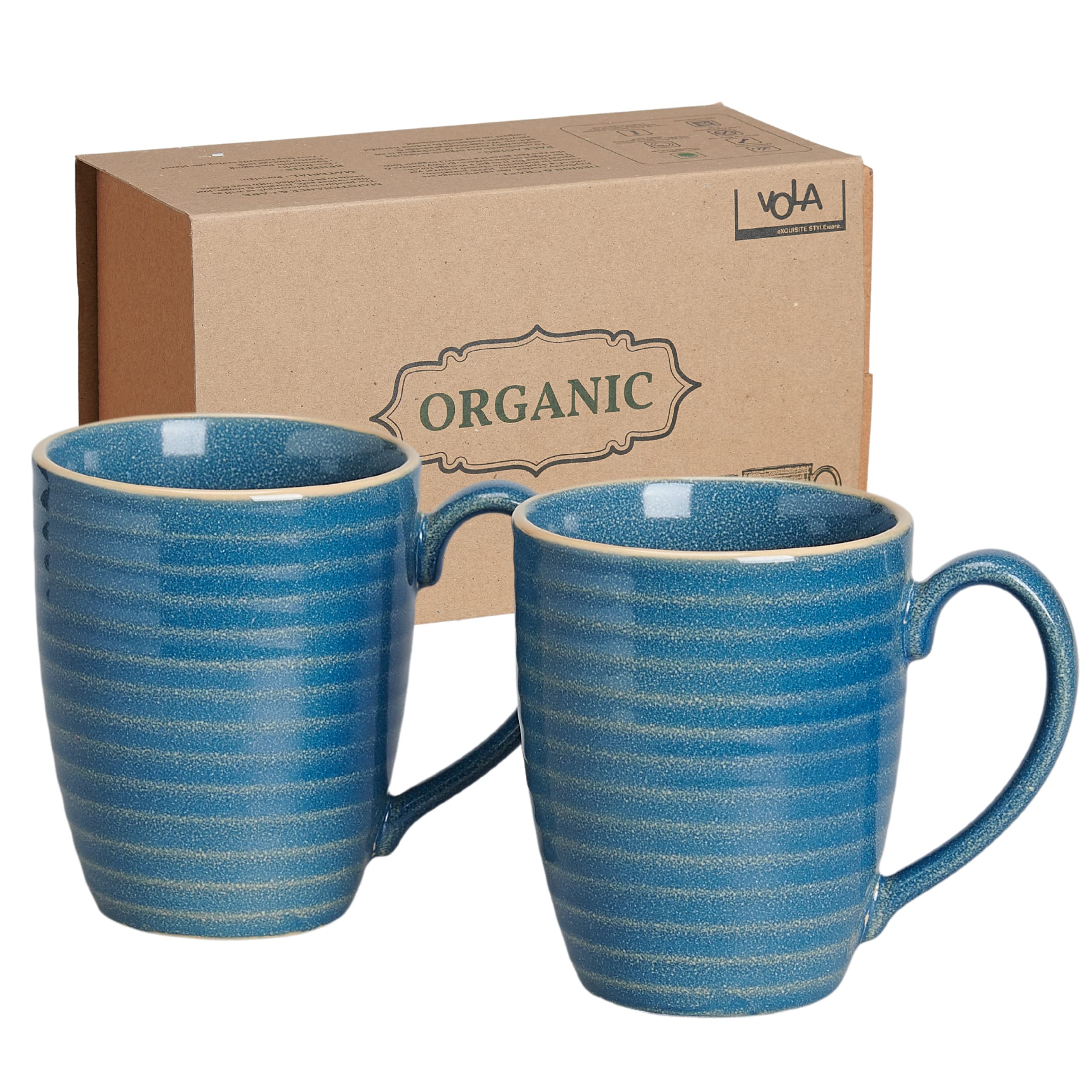 Vola Organic Coffee Mugs Large Set of 2 - Tea/Milk Cup Aesthetic Design Made with Bone Free Porcelain Material | No Animal Bone Used | Gift for Anniversary, B'day (Size- 300 ml, Color- Medium Teal)