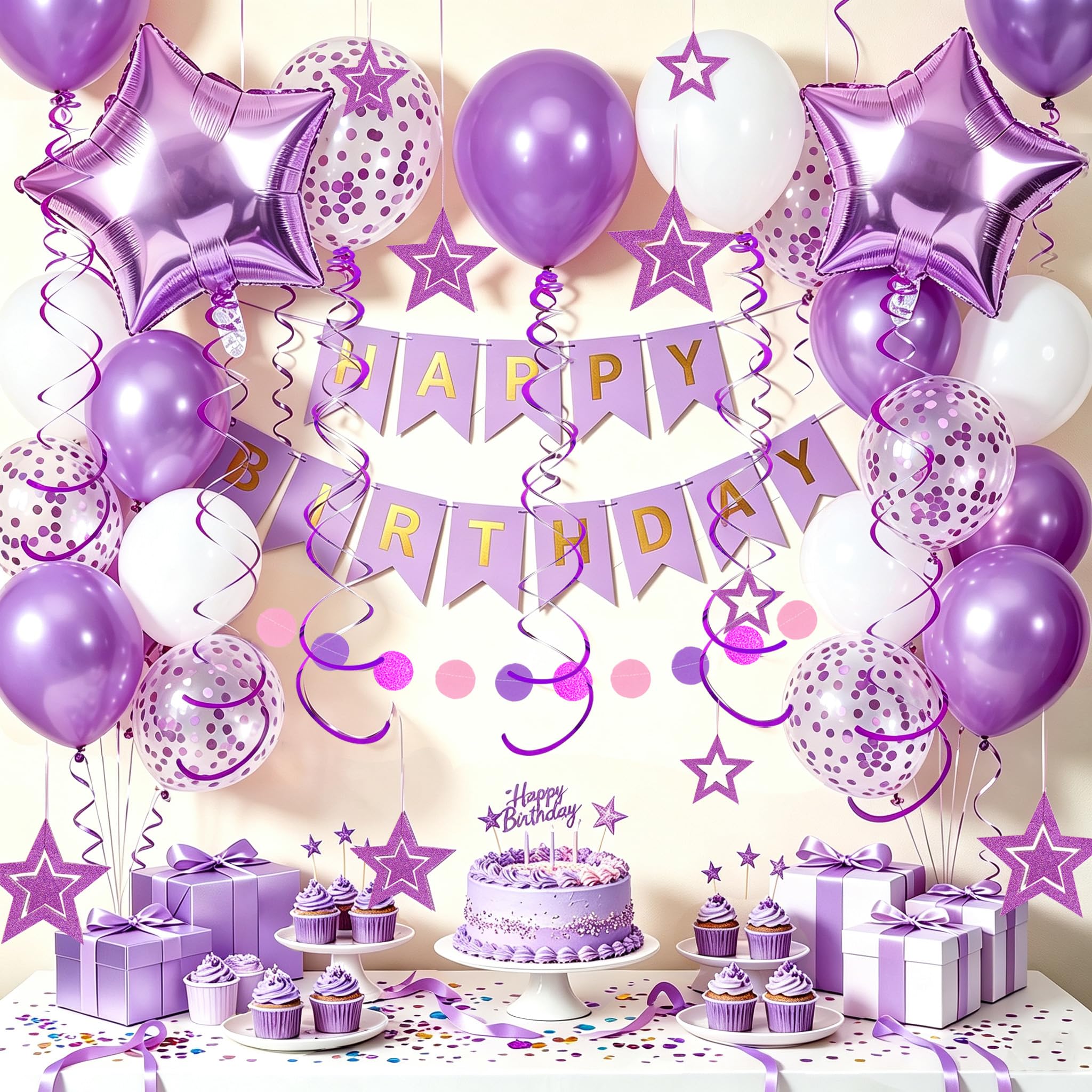 Purple Birthday Decorations, Happy Birthday Banner and Purple Star Balloons, Glitter Hanging Stars with Hanging Swirls, Circle Dot Paper Garland, for Women Girls Party Decoration