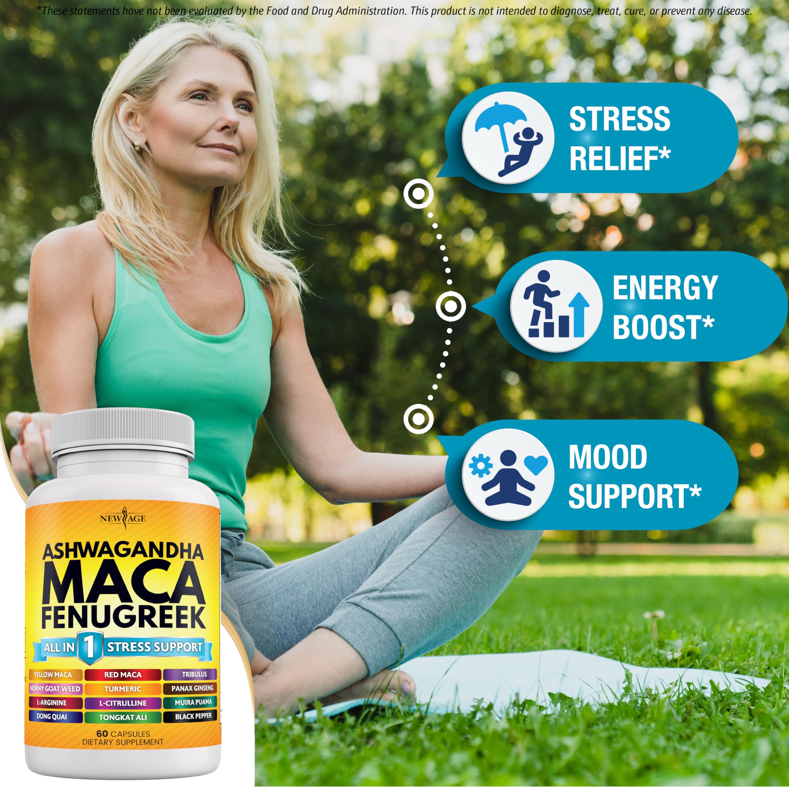 NEW AGE Ashwagandha 5000mg Maca Root 5000mg Fenugreek 3000mg Supplement with Tongkat Ali Ginseng - Assists with Overal Mood - Made in USA - 120 Count — Amazon image 5