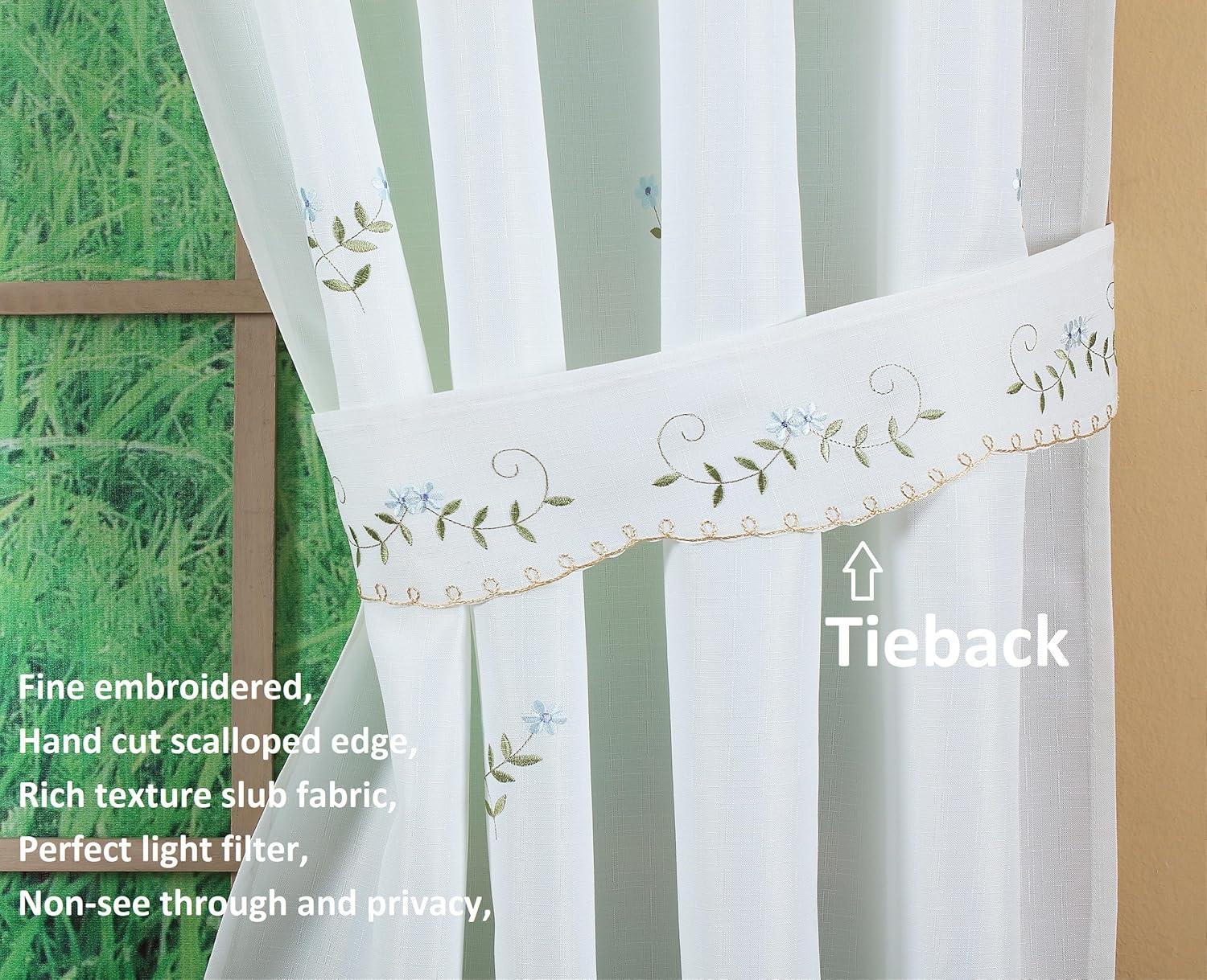 Today's Curtain, Forget-Me-Not Tie-Up Shade, White/Blue, 50" W x 63" L