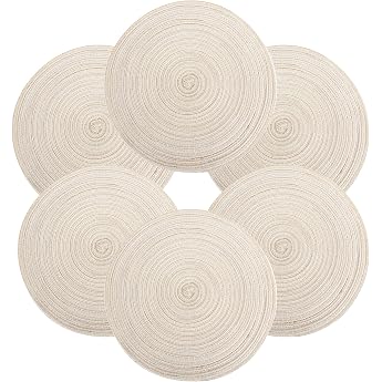 Round Braided Place Mat Set of 6 Cotton Placemats Washable Heat Resistant 37 x 37 cm Beige