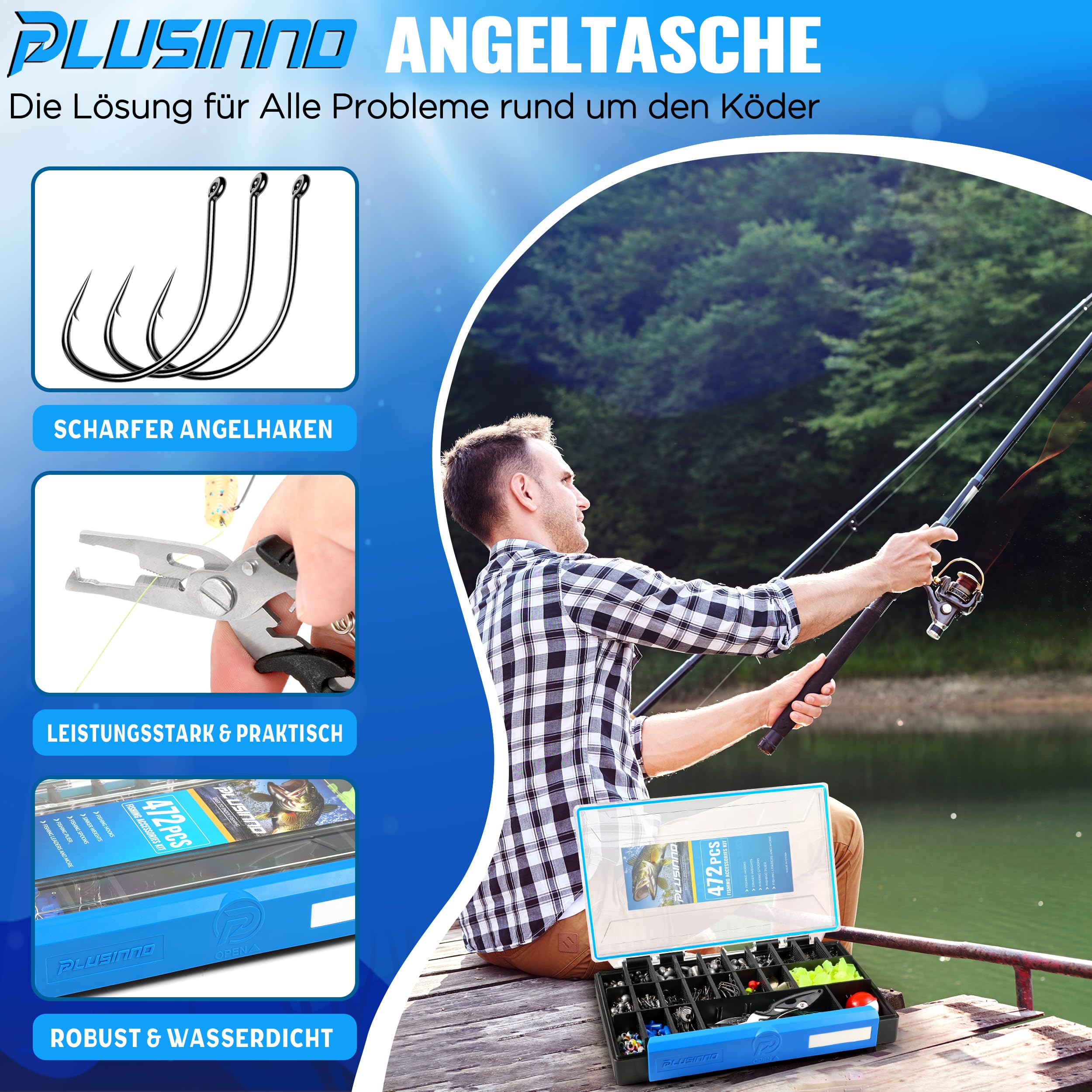 PLUSINNO 472-teiliges Angelzubehör-Set, wasserdichte Angelbox mit Zubehör, Angelgeschenk für Männer inklusive Haken, Gewichten, Zangen, Angelgerät und Ausrüstung für Barsch und Forelle