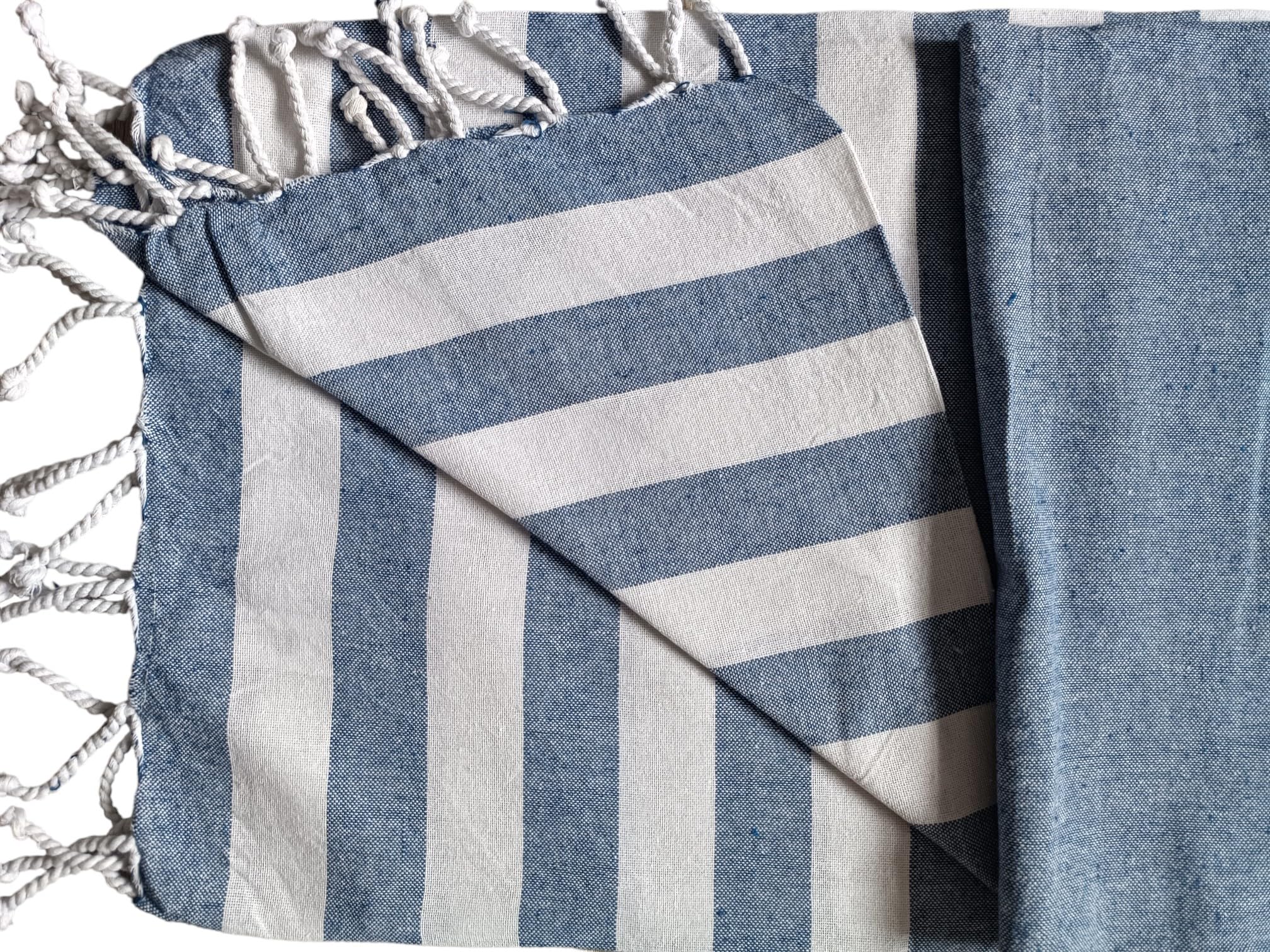 Atout Ciel Serviette de Plage Fouta Rayée avec Franges 90 x 180 cm Marine