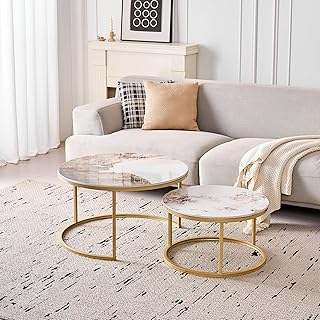 Runden Couchtisch 2er Set, Moderne Satztische mit Keramikplatte (Keine MDF-Platte), Ideal für Wohnzimmer, Schlafzimmer, Balkon und Büro (Pandora+Gold),50+70cm