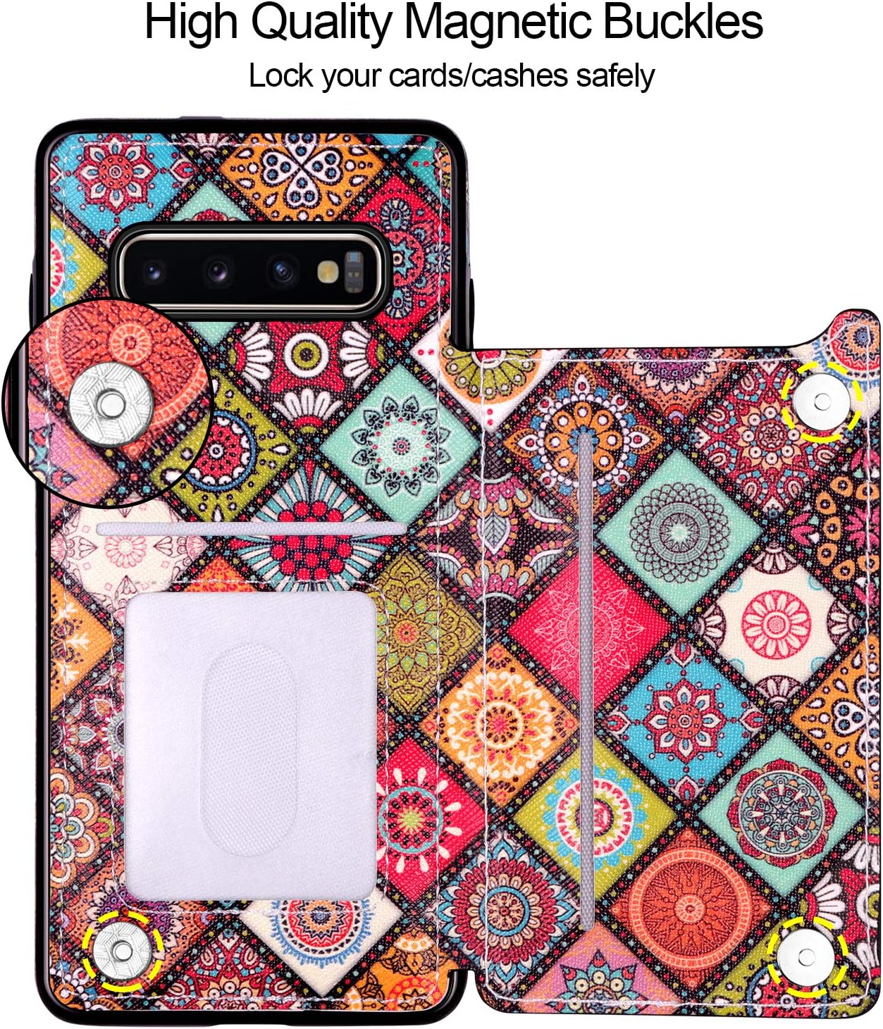 HianDier Wallet Case for Galaxy S10 Slim Protective Case with Credit Card Slot Holder for Men Flip Folio Soft PU Leather Magnetic Closure Cover Case for Samsung Galaxy S10 6.1 Inch, Mandala Colorful