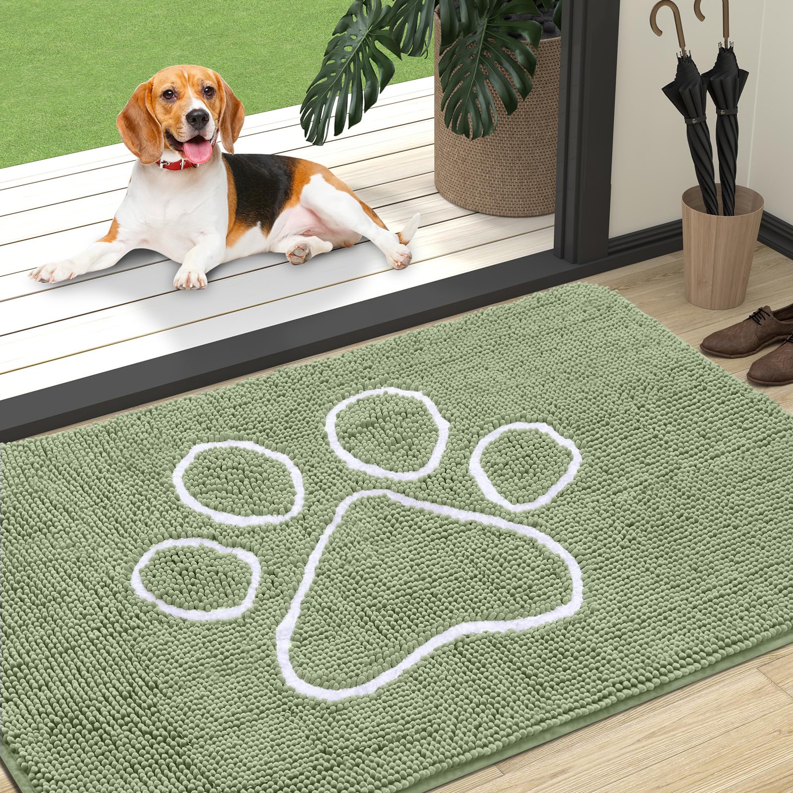 OLANLY Door Mat for Muddy Dog Paws 47x32, Ultra Absorbent Chenille Mud Doormat with Paw Print Design, Non-Slip Washable Doormat for Indoor Entryway, Quick-Dry Pet Bed Mats for Dirty Dogs, Sage Green — image 1
