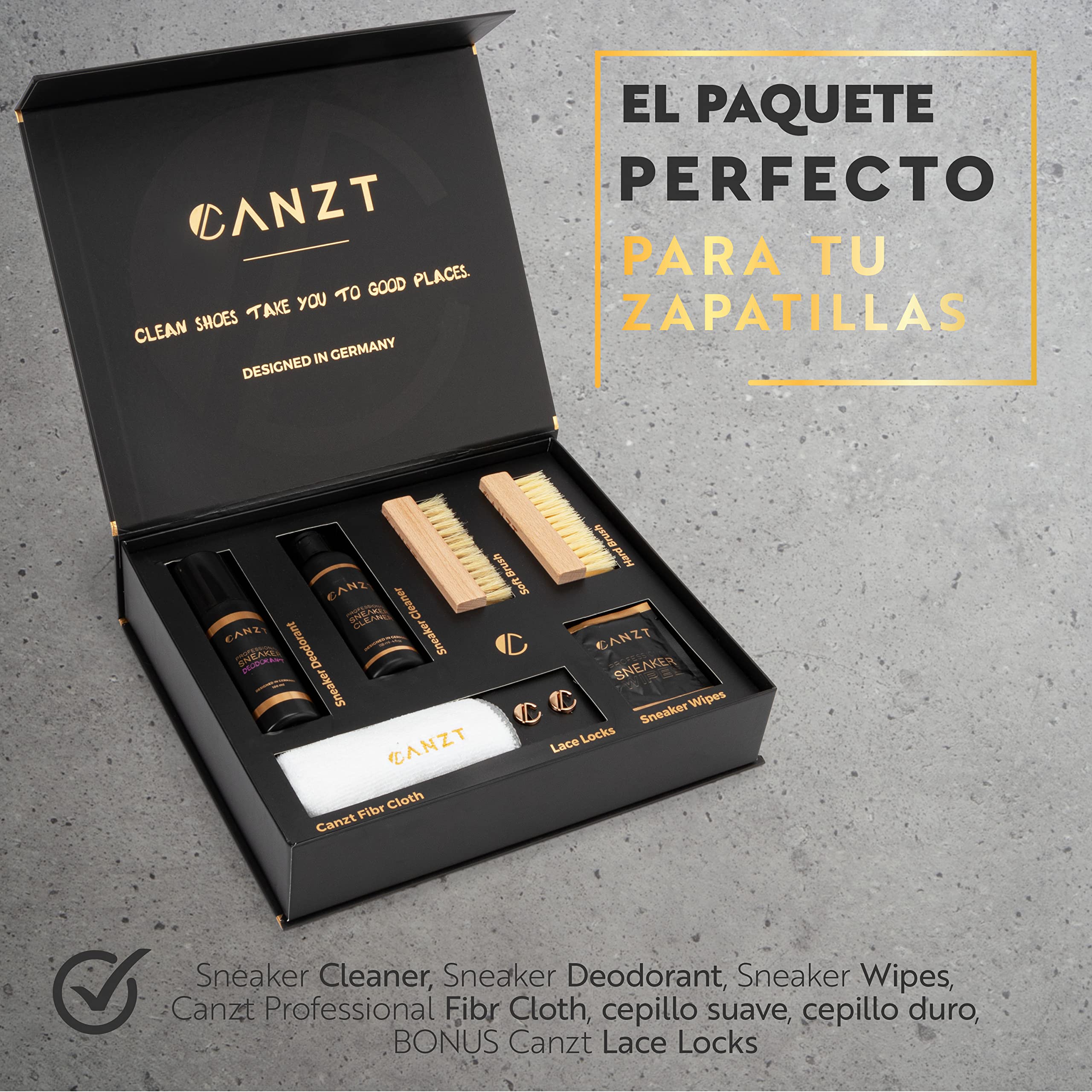 Canzt Black Box – Kit limpieza zapatillas premium con limpiador de zapatillas, toallitas, desodorante, cepillos y paño de microfibra para cuero, ante, nubuck y textil