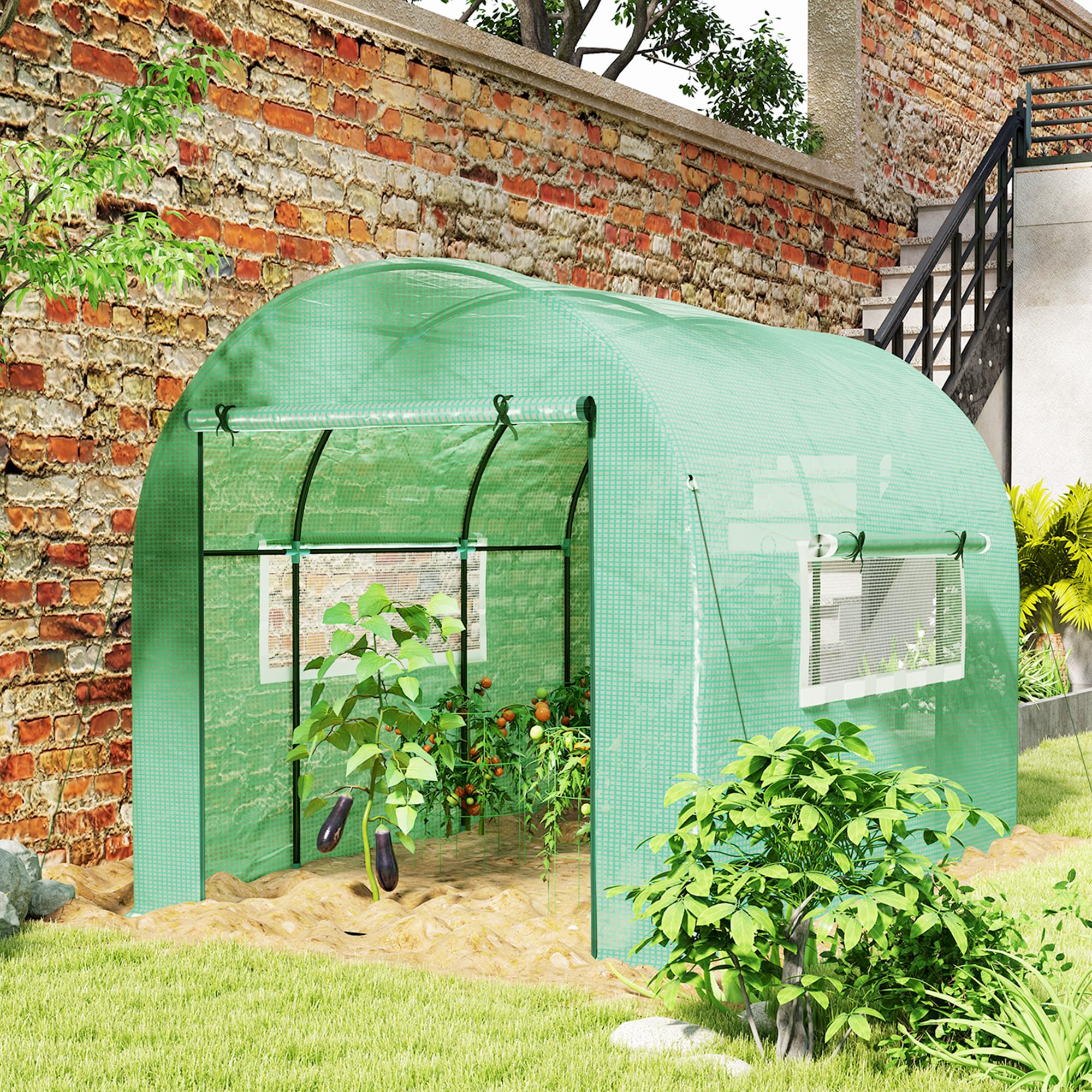 Outsunny Serra da Giardino a Tunnel 3x2x2 m con Porte e Finestre Avvolgibili, Serra per Orto con Struttura in Acciaio e Copertura PE, per Orto Verdure Fiori Frutta, Anti UV, Verde