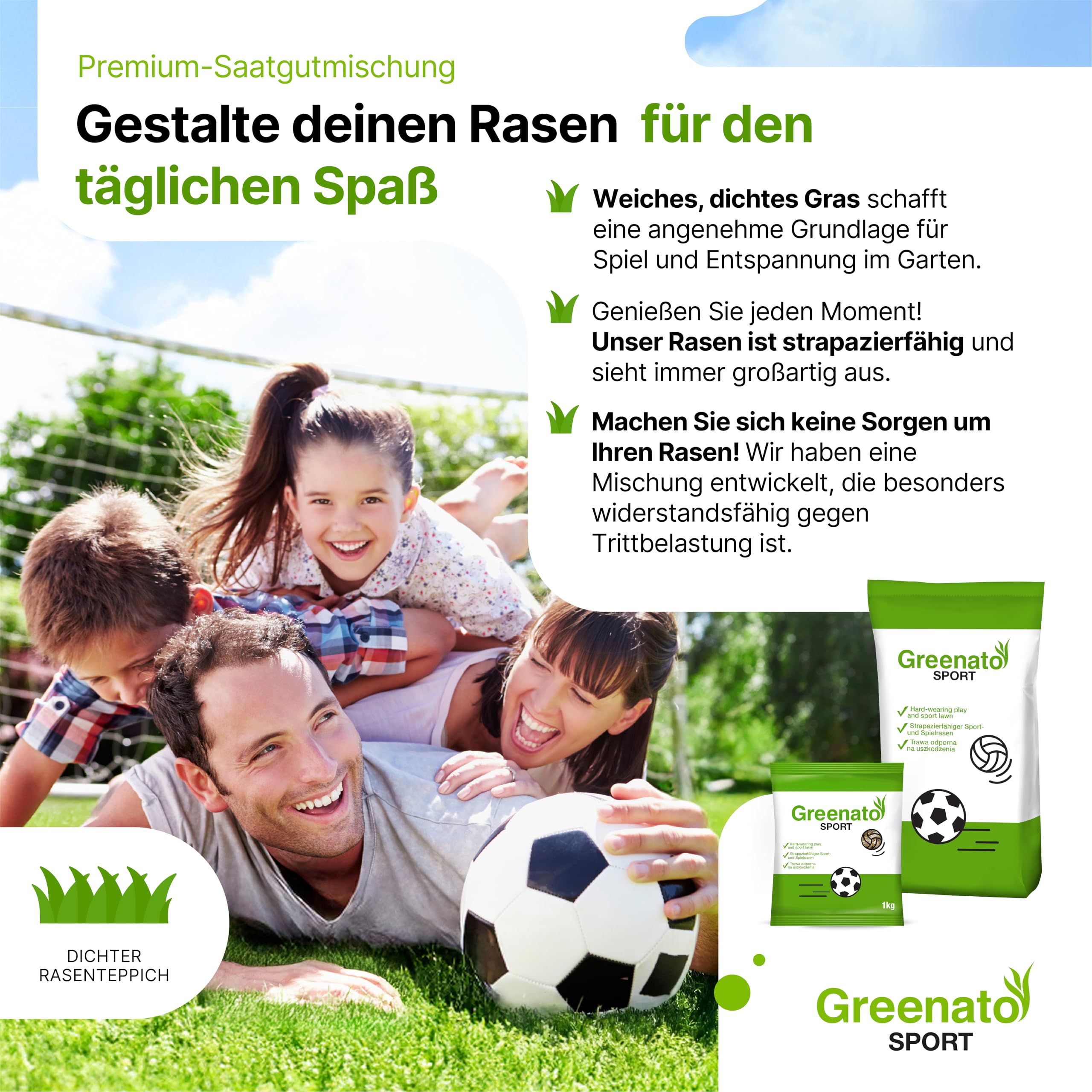 Spiel und Sport Rasensamen Greenato Sport 5kg – Turbo Rasensamen Nachsaatrasen schnellkeimend Unkrautvernichter Rasen Grassamen ideal für Neuansaat extra robuster Rasen ausreichend für 200 m²