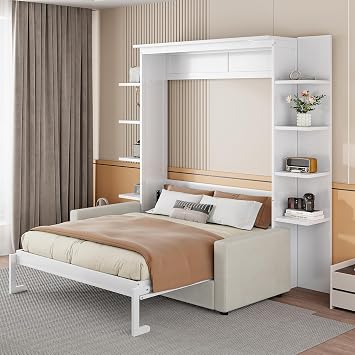 Queen Size Murphy Bed Wall Bed with Sofa, Storage Shelves and LED Lights, Versatile Convertible Wooden Foldable Platform Bed Frame for Guest Room Home Office Studio White-05, Queen