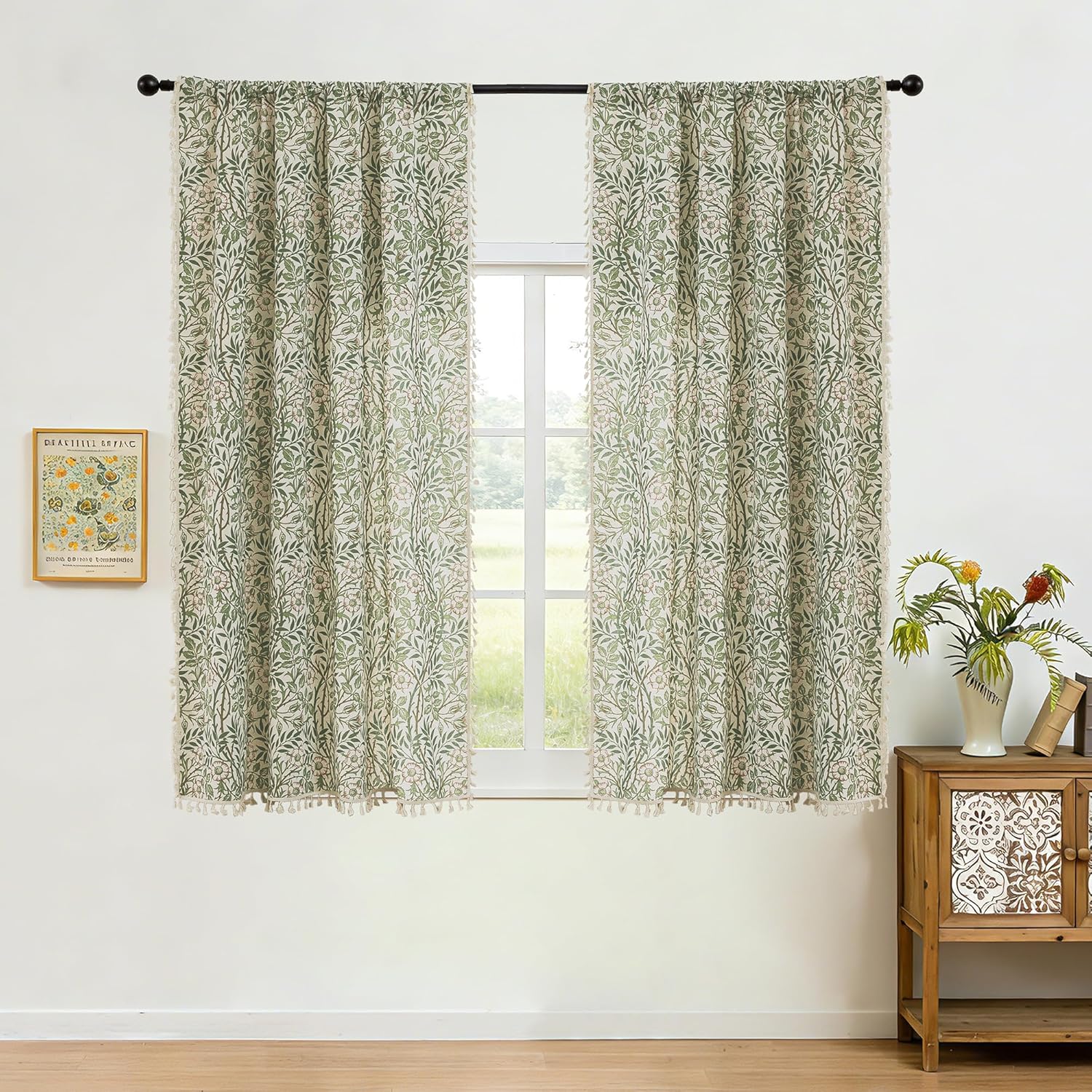 Olive Green Floral Curtains 63 Inch Length for Bedroom Boho Linen Farmhouse Curtains for Living Room Vintage Blossom Patterned Rod Pocket Semi Sheer Window Treatments Drapes 2 Panels