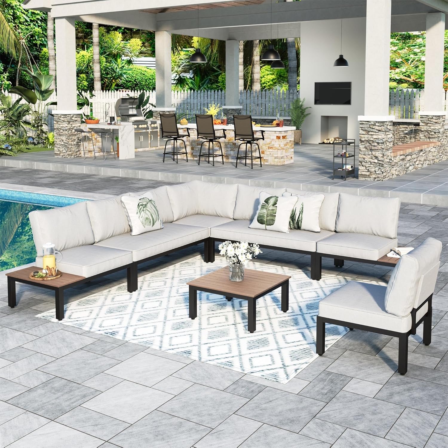 Sophia & William 7 Piece Outside Patio Furnishings Set, Steel Sectional Couch Patio Dialog Set with Cushions-2 x Single Couch with Aspect Desk, 2 x Single Chair, 2 x Loveseat, 1 x Tea Desk