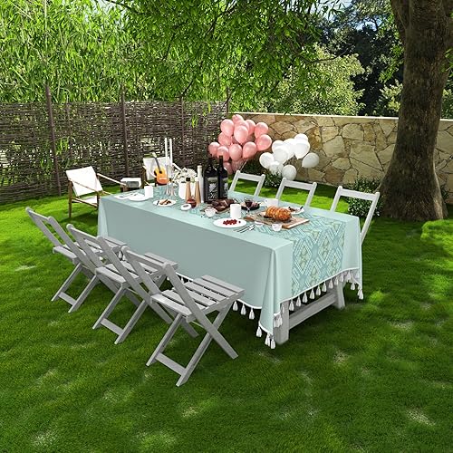 60x84 Inch Rectangle Tablecloth, Waterproof Faux Linen Table Cloth with Tassels for 6 Foot Tables, Wrinkle Stain Resistant Farmhouse Style Dining Table Cover for Kitchen, Party, Picnic, or Outdoor Use
