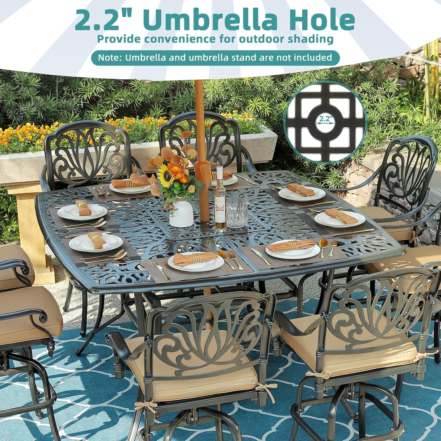 MEETWARM 9-Piece Outdoor Patio Swivel Bar Set, All Weather Cast Aluminum High Top Patio Bar Furniture with 8 Cushioned Swivel Bar Stools, Large 64" Square Patio Bar Height Table, 2.2" Umbrella Hole