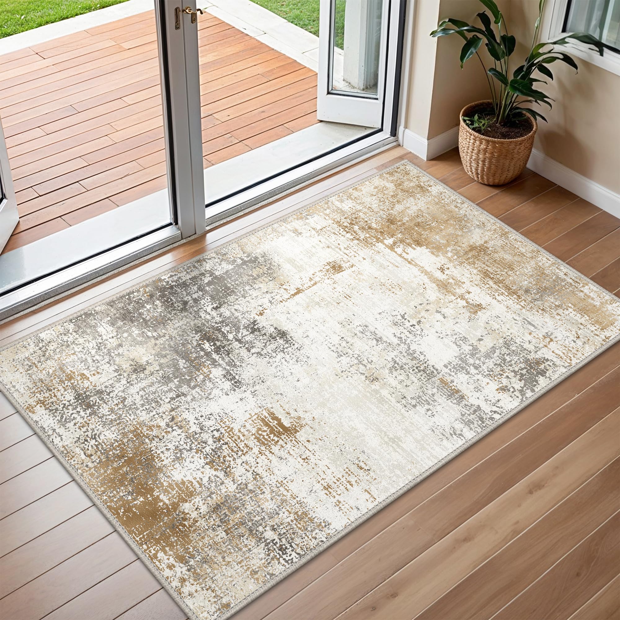 BEIMO Small Rug 60x90cm, Washable Abstract Rugs Mat Door Decor Cream Gold — image 1