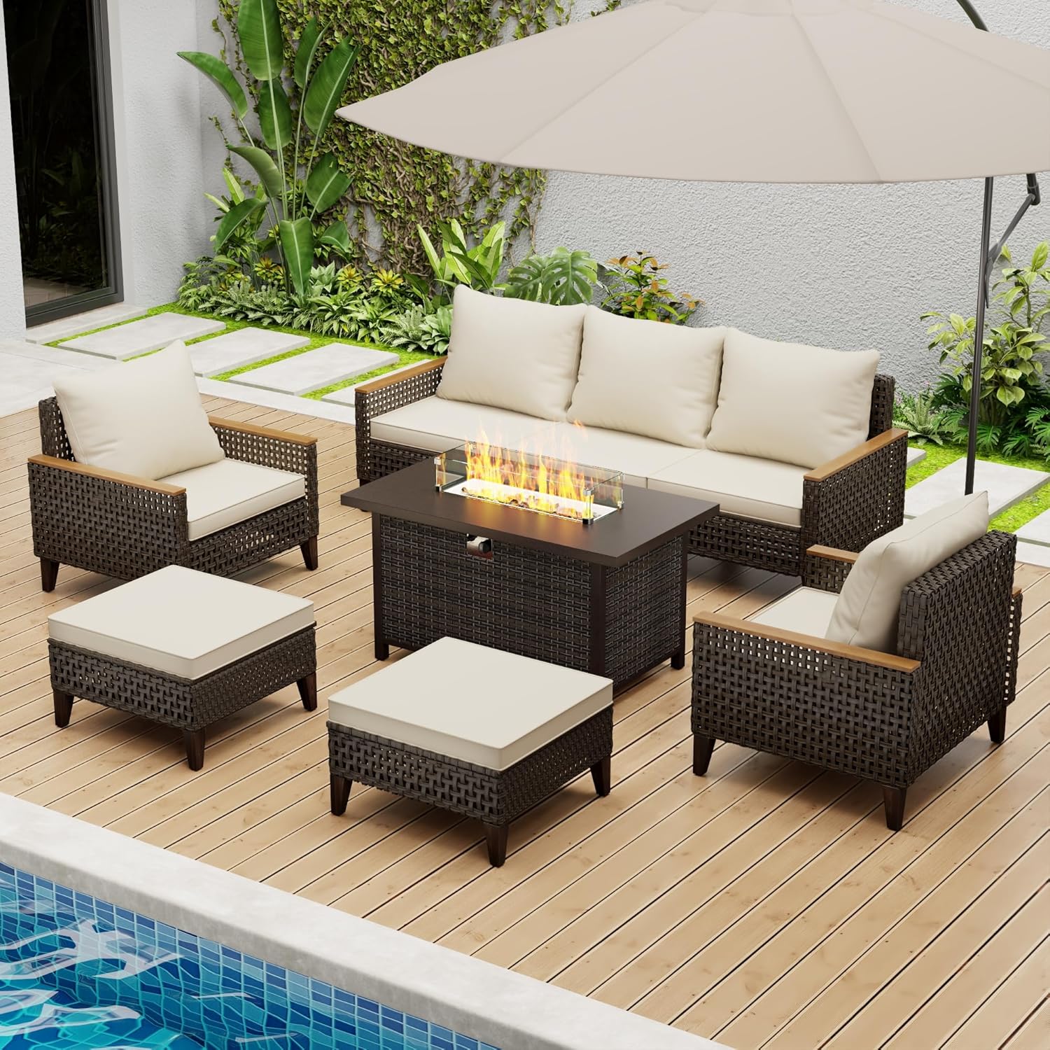 8 Piece Patio Sectional Sofa Set with 50000 BTU Fire Pit Table, All-Weather Wicker Rattan Outdoor Conversation Set, High Back, for Garden, Porch, Poolside, Beige