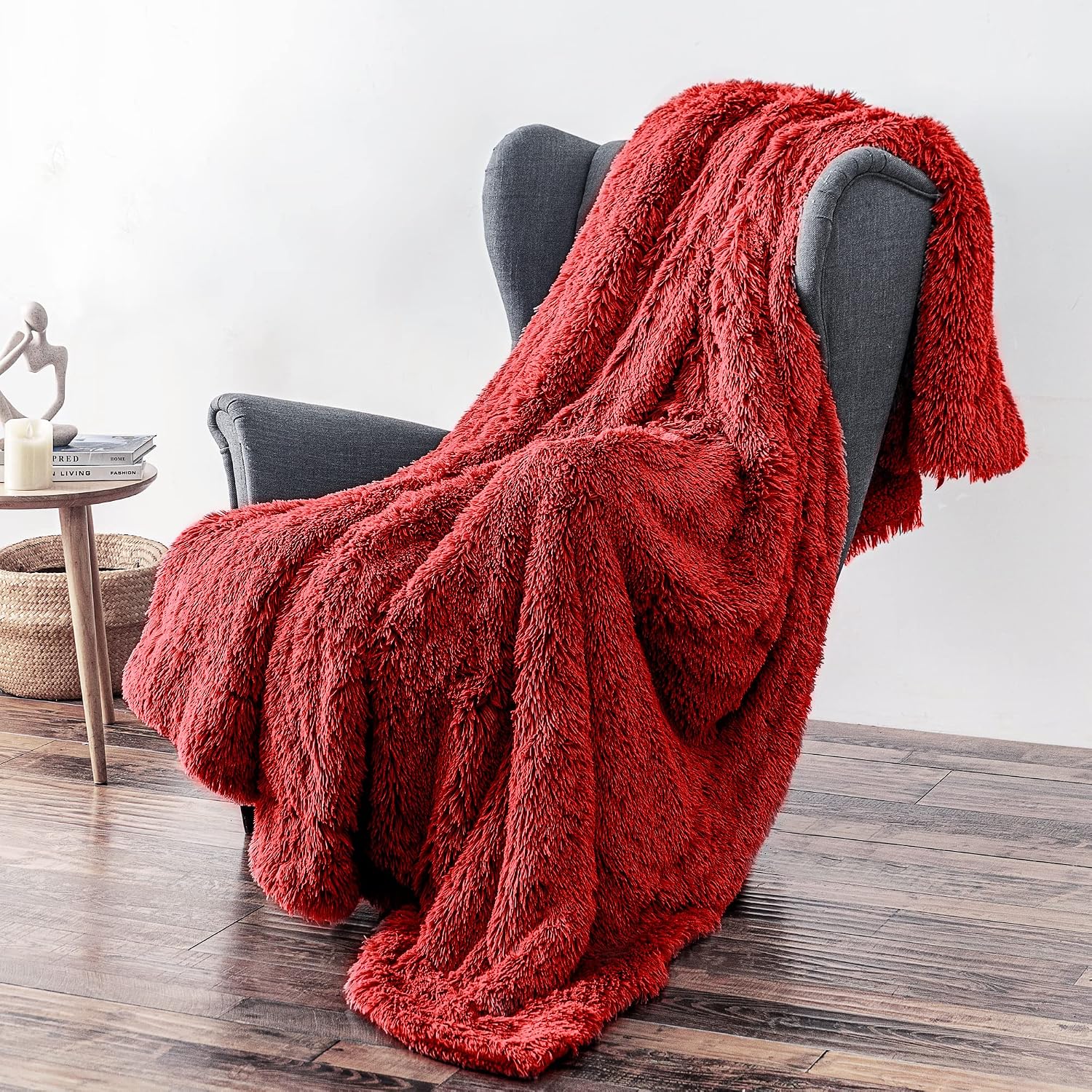 Topblan Furry Faux Fur Throw Blanket Full Size, Super Warm, Luxury, Elegant, Fluffy Decoration Blankets for Sofa, Couch and Bed, House Warming Gifts for New Home, 60"x 80" Red