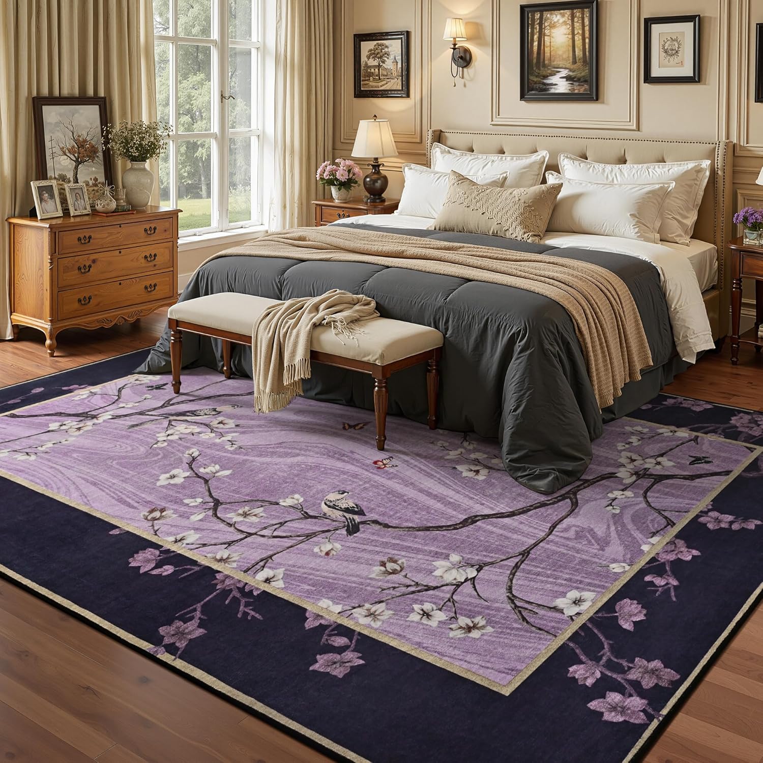 Foxmas 6x9 Area Rugs for Living Room, Washable Oriental Floral Birds Large Rug, Non-Slip Low Pile Indoor Throw Carpets for Bedroom Dining Room Office Farmhouse Home Decor, Purple