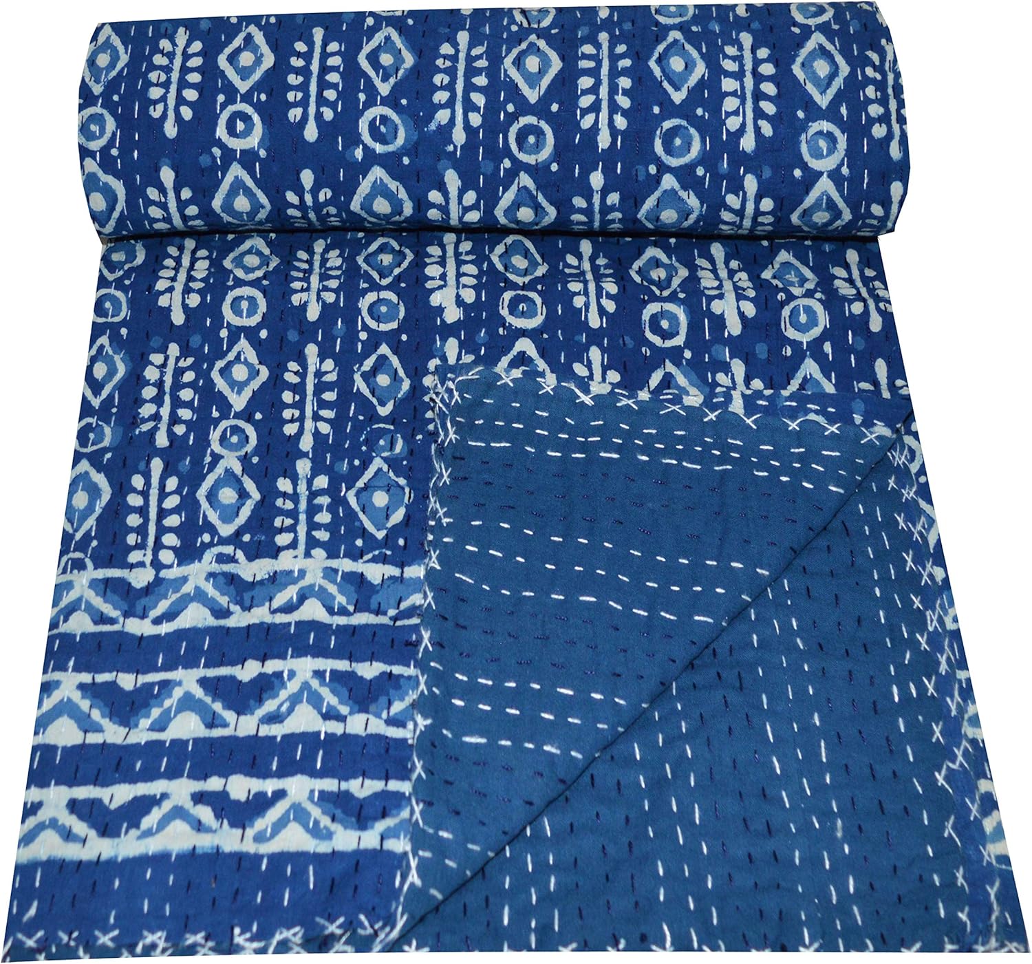 Indian Handmade Hand Block Print Twin Cotton Kantha Quilt Throw Blanket Bespread 90x60 Inch