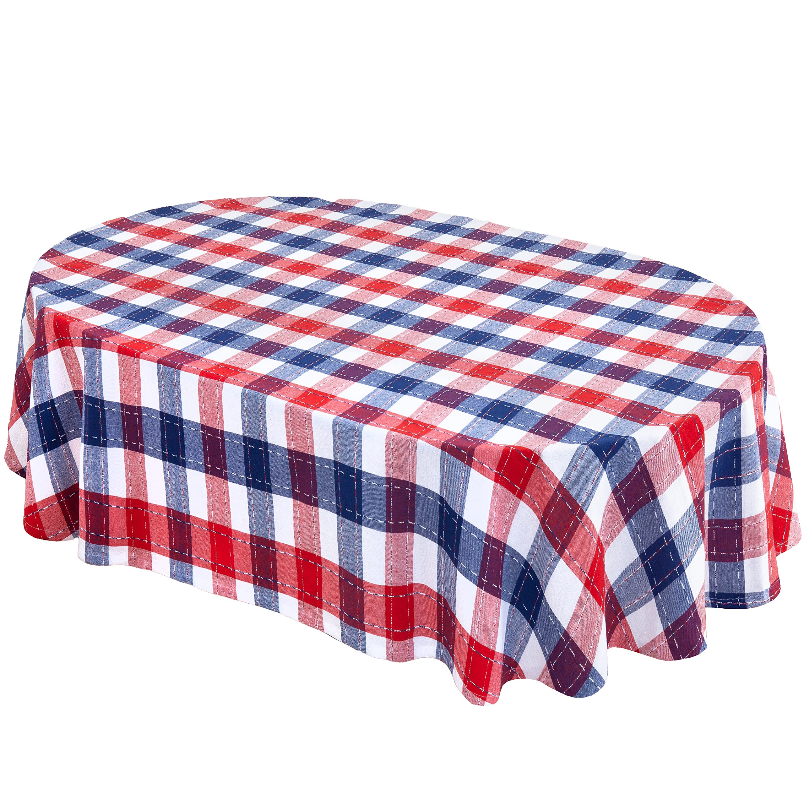 LintexHome Bargains Plus 4th of July Oval Fabric Tablecloth, 60 x 84 Inch, Country Plaid Americana, Heavy Weight Indoor Outdoor Fabric Table Cover, Red White and Blue, Summer Picnic Party
