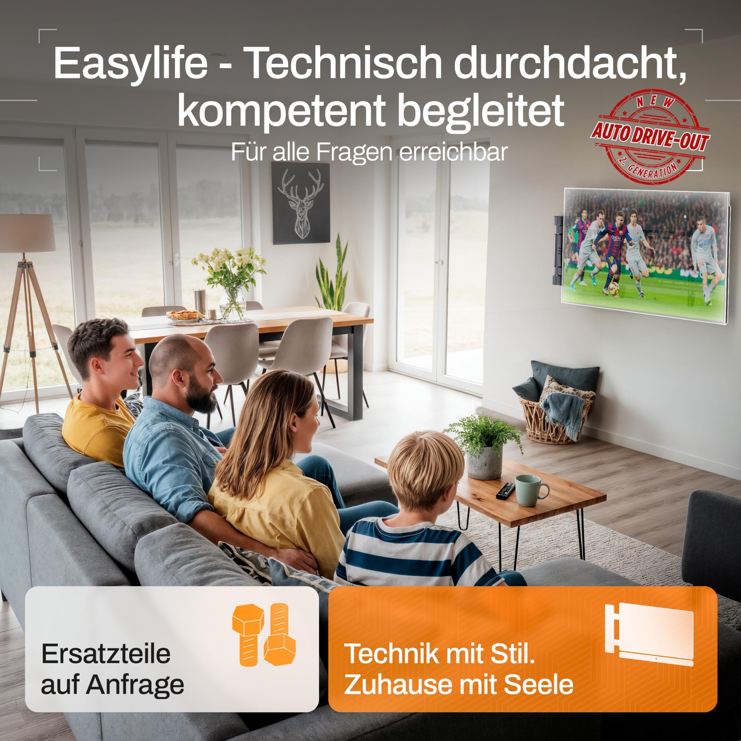 EasyLife Uchwyt ścienny do telewizora elektrycznie wychylny, z Auto Drive-Out, ultra cienki 56 mm, cichy silnik, antykolizyjny, 32-75", VESA do 600 x 400 i 50 kg, metalowa konstrukcja premium, kolor