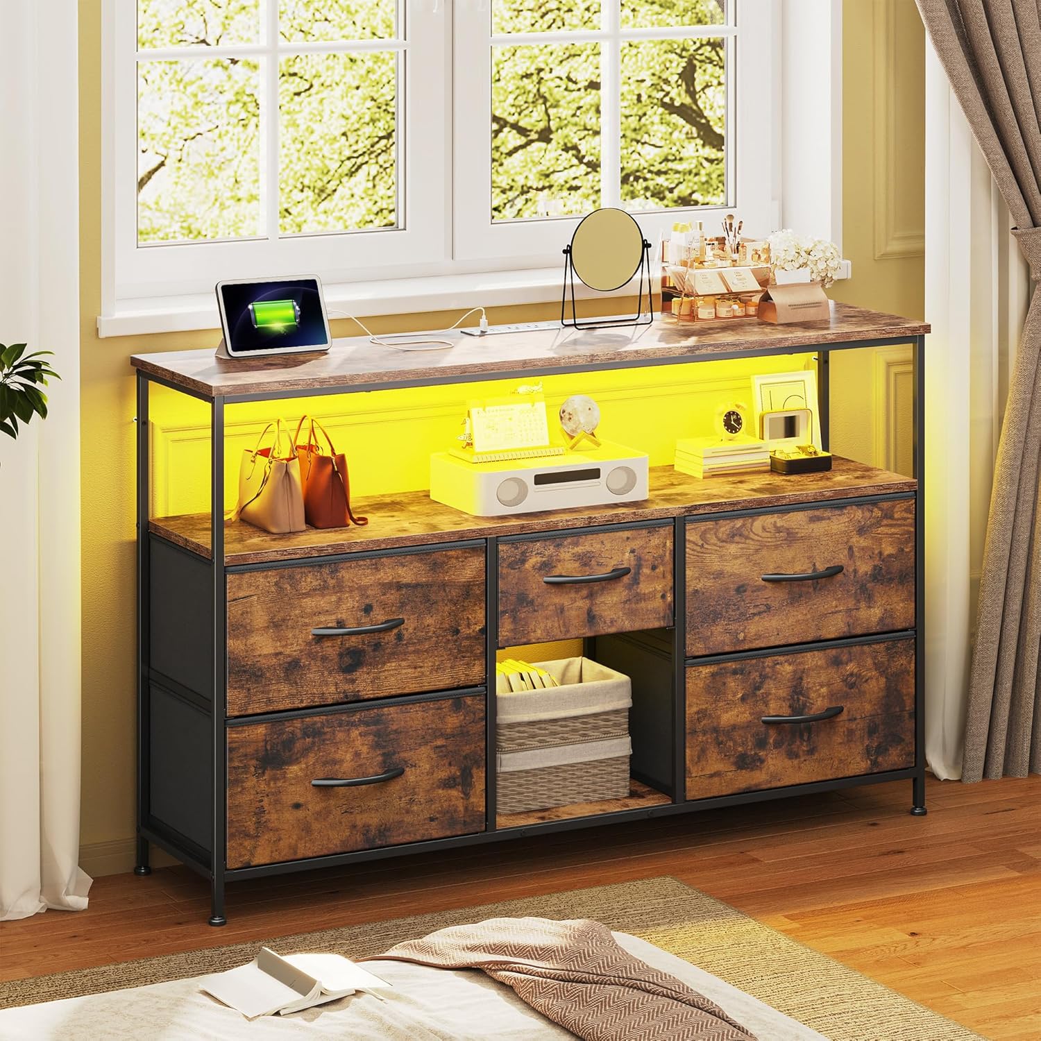 TV Stand for Bedroom, 5 Drawers Dresser TV Stand for 50 Inch TV, LED Entertainment Center with Fabric Drawers and Power Outlets, Media Console Table for Bedroom, Living Room, Rustic Brown