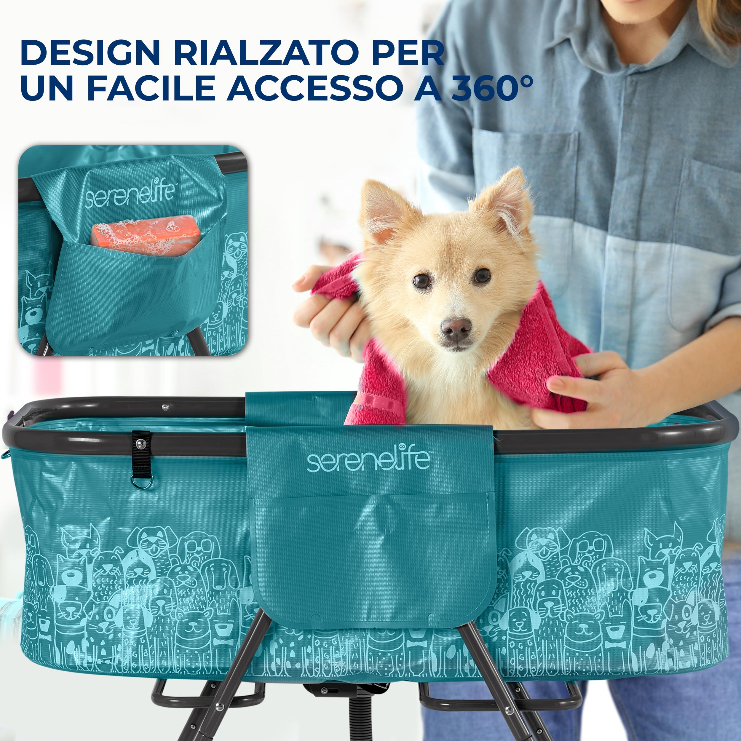 SereneLife Vasca da Bagno Pieghevole per Cani da Interno ed Esterno, Altezza Regolabile 86 cm, Tubo di Scarico e Tasche Portaoggetti, Accessori per Cani, Adatta Anche ad Altri Animali