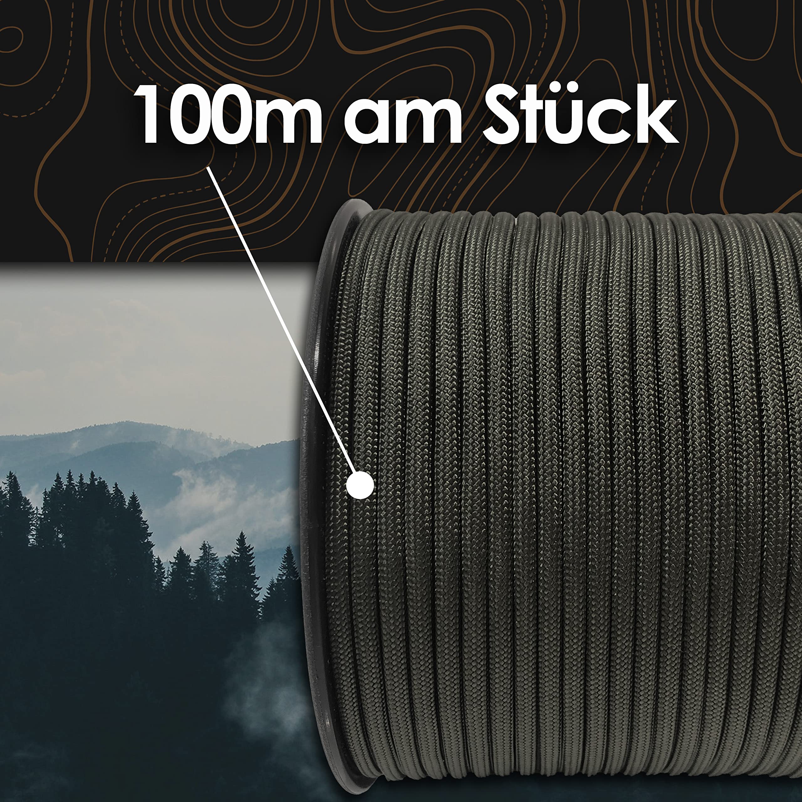 Performance Paracord 550 4mm Nylonschnur - 100 Meter Allzweck-Seil aus Nylon für Camping - Outdoor & Survival (Schwarz, 100m)