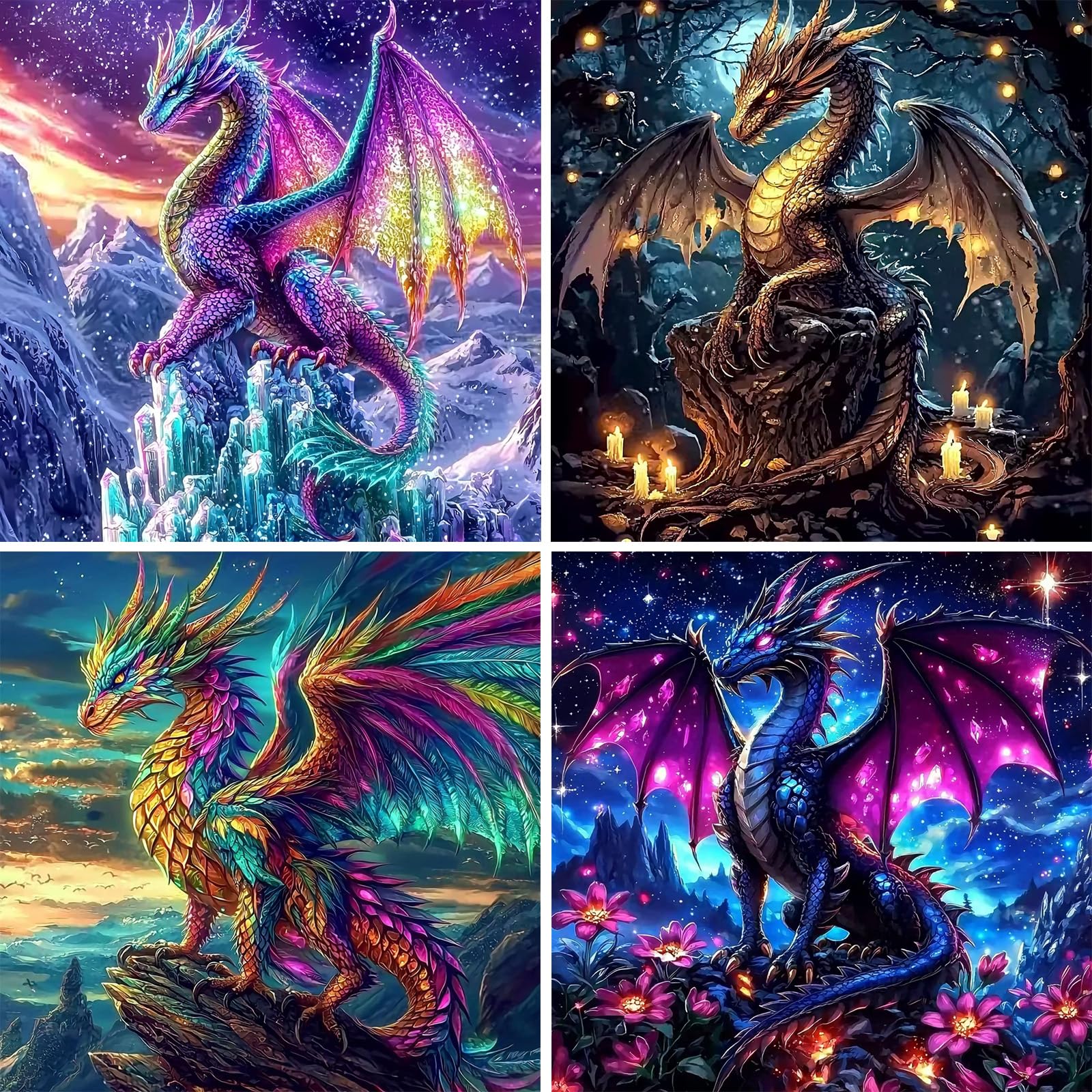 SENQAO 4 Pack Dragon Diamond Painting Kits for Adults, Dragon Diamond Art Kits for Adults Beginners, DIY Full Drill Round Diamond Dots, Home Wall