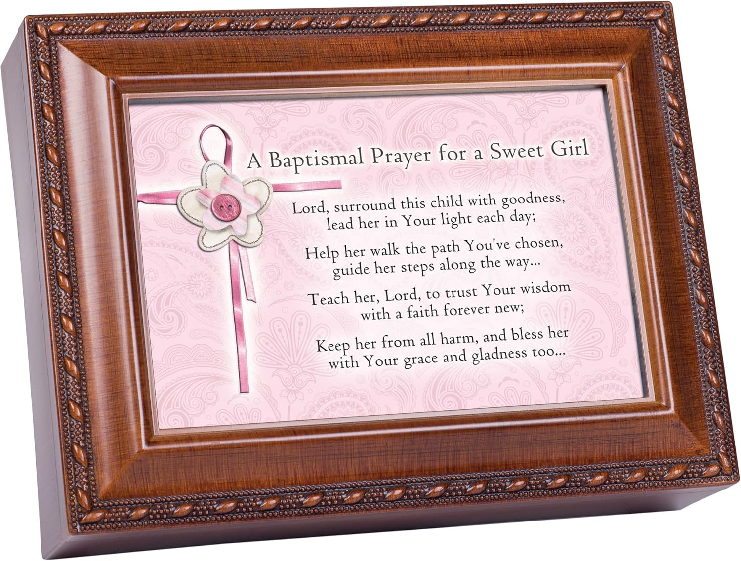 Cottage Garden Baptismal Prayer Keep Her from Harm Woodgrain Rope Trim Jewelry Music Box Plays Jesus Loves Me