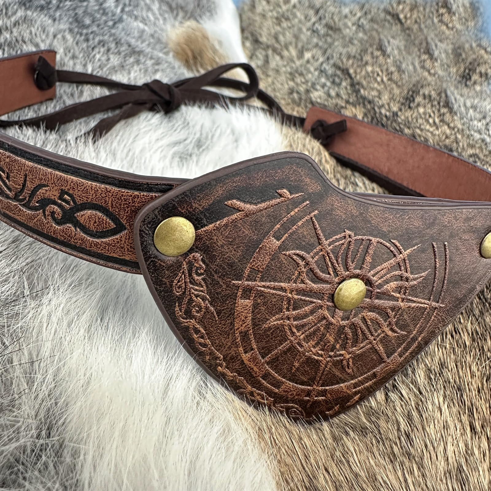 HiiFeuer Medieval Embossed Pirate Eye Patch, Vintage Faux Leather Eye Mask Viking Accessories, Renaissance Eye Cover Cosplay (Brown B) - Image 4