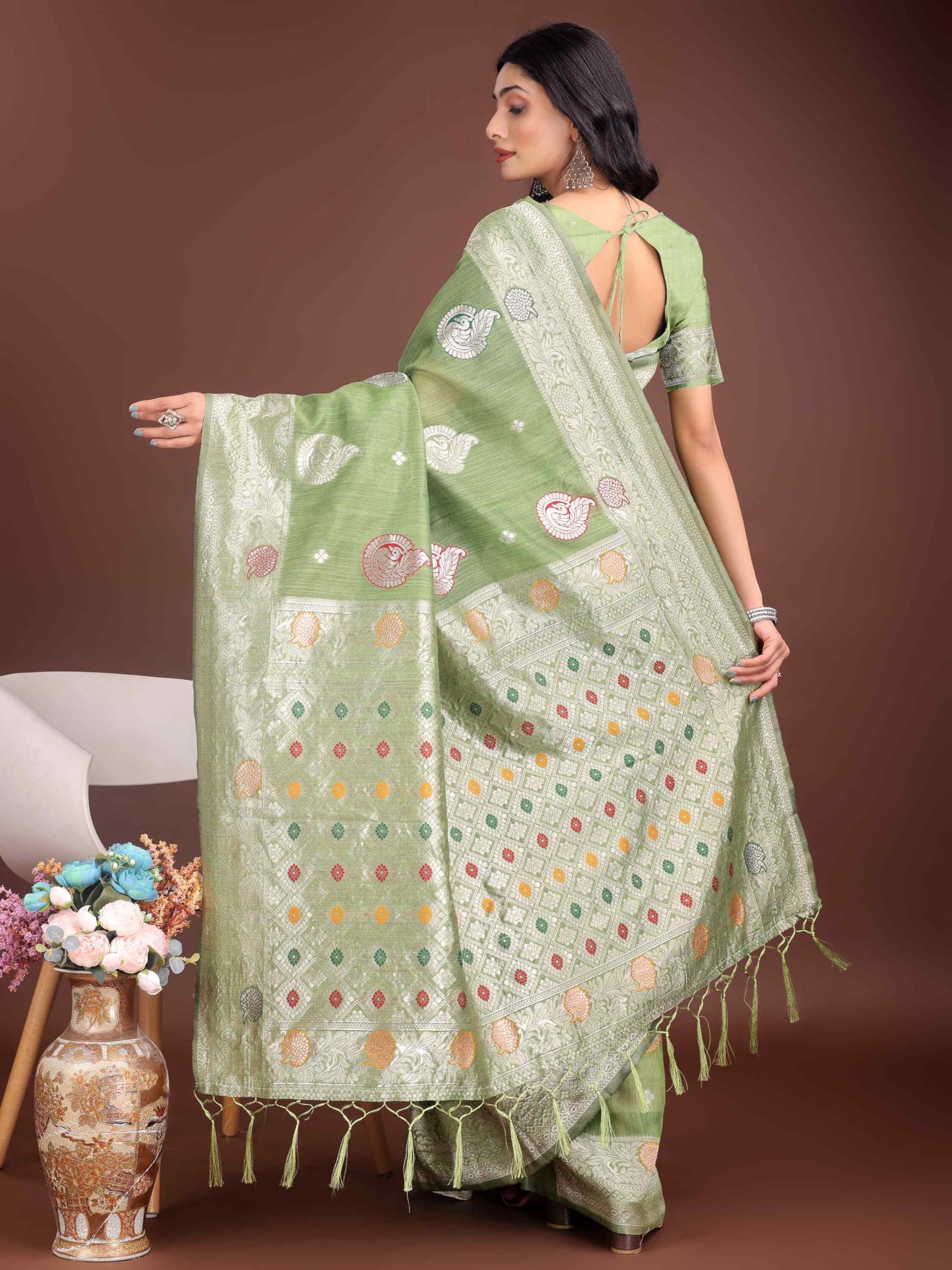 Shiv Textiles Women's Linen Cotton Paisley & Tassel Saree(AUS-ASBUL1004-LIGHT GREEN) 3