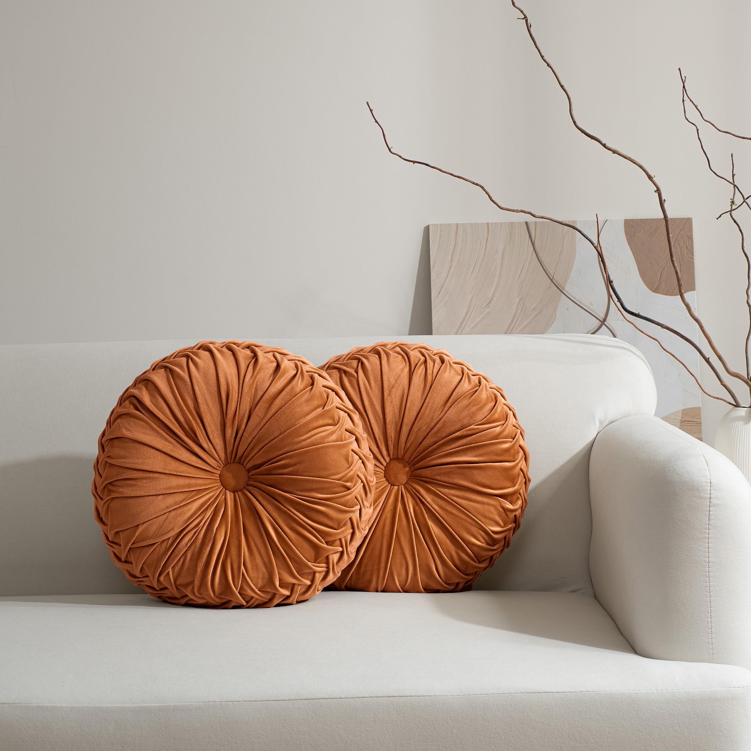 HIG Set of 2 Rust Velvet Decorative Round Pleated Throw Pillows
