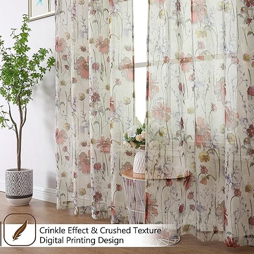 Miniatura 2 de OWENIE - Juego de 2 paneles de cortinas traslúcidas extralargas con estampado floral, para sala de estar, dormitorio, con jareta para cortinero,
